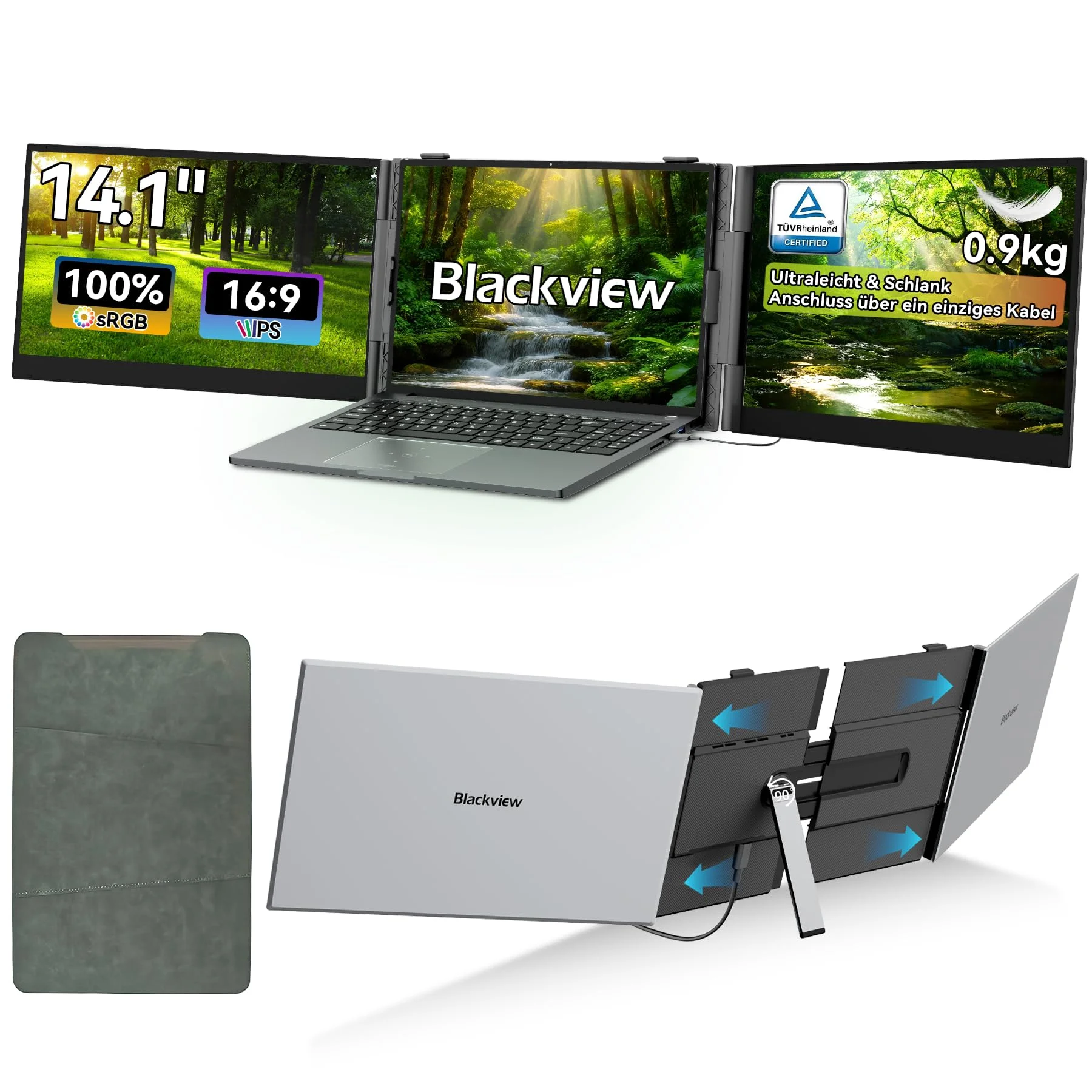 Blackview 14,1" Laptop Bildschirm Erweiterung, Ultradünn und Ultraleicht Monitor Erweiterung für 13-17,3” Laptops Einadriger Anschluss, HDMI/USB C Plug&Play-Zweitbildschirm für Win/Mac/Android