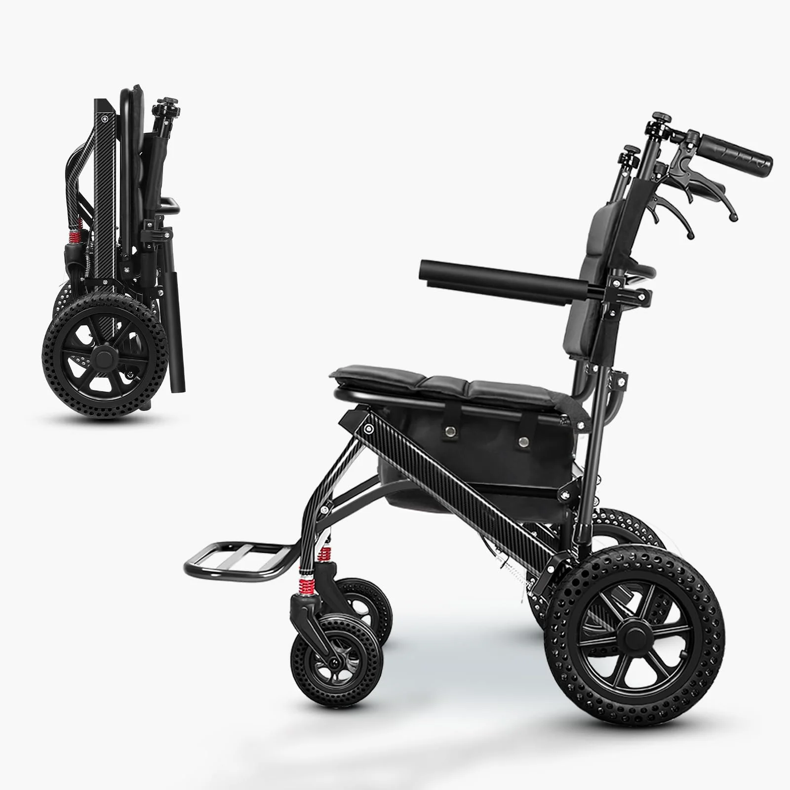 ZIIVIE VS Schmaler Reiserollstuhl Leicht & Faltbar für die Wohnung, 45 cm Sitzbreite, Kompakter Transportrollstuhl, Aluminium-Rahmen in Carbon-Optik, mit Einkaufskorb