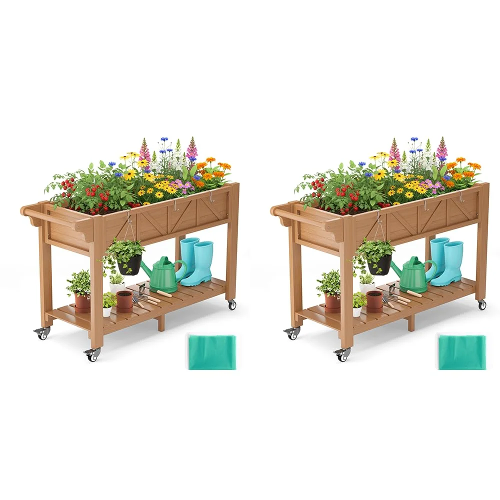 Hochbeet 120x44x70cm, Metall Hochbeet mit Rollen & Griff, 3 Haken & Vlieseinlage, Für Gemüse Blumen Kräuter, Garten Balkon Terrasse （2 Stück Teak Optik）