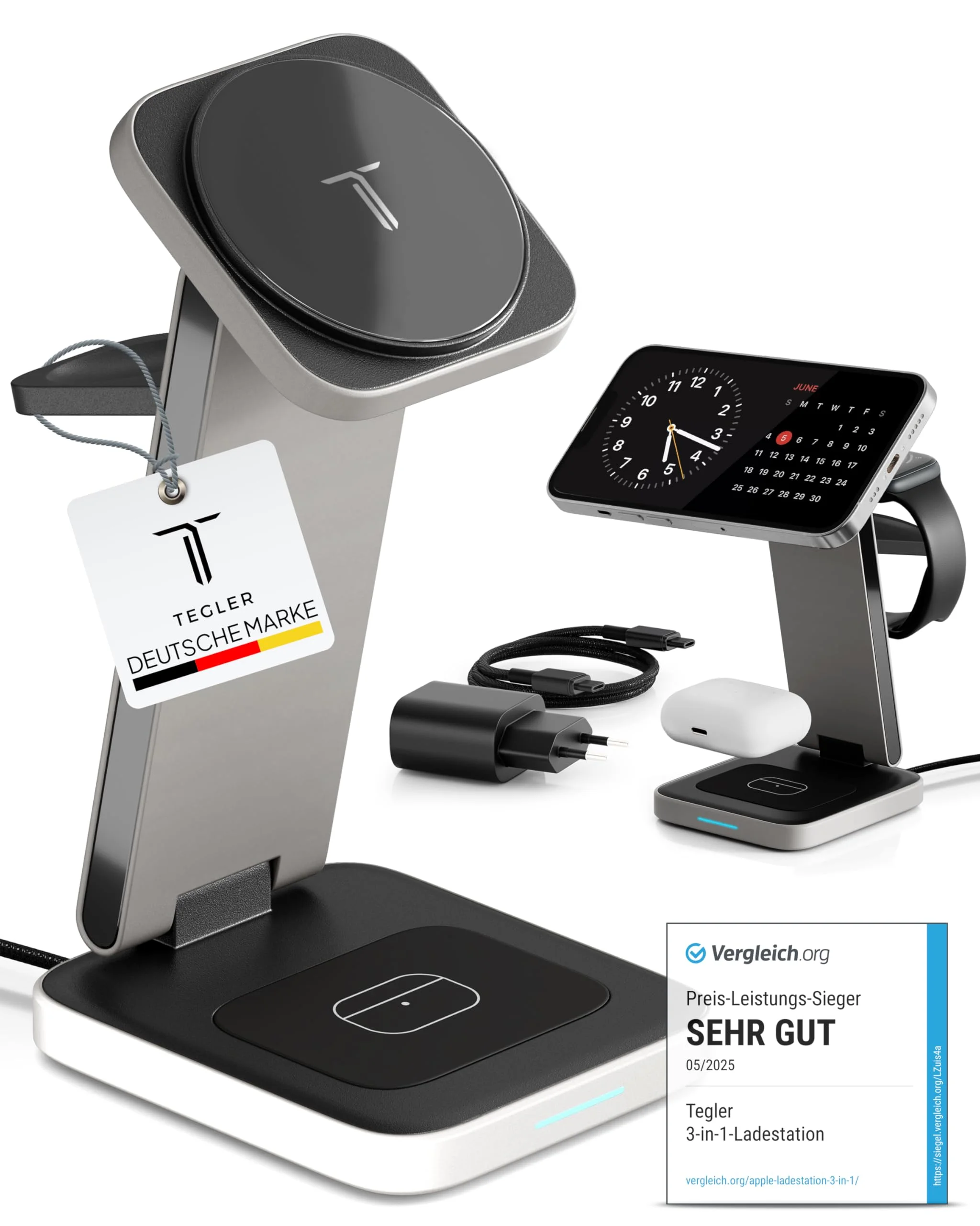 TEGLER Aluminium Ladegerät – Ladestation Apple Watch und iPhone kompatibel, iPhone Ladestation, Apple Ladestation, inkl. 20W Adapter & USB-C-Kabel