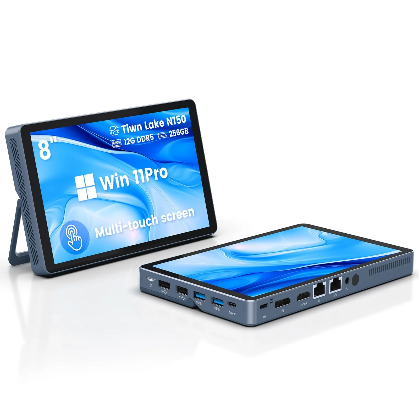 KOOSMILE Mini PC N150 (bis zu 3,6 GHz), Micro Desktop Computer 12 GB DDR5 RAM, M.2 SSD Mini-PC mit 8-Zoll-Touchscreen, Win11Pro, 4K-Dual-Display, WiFi 6, BT 5.2, 12 Anschlüsse (N150-12GB+256GB)