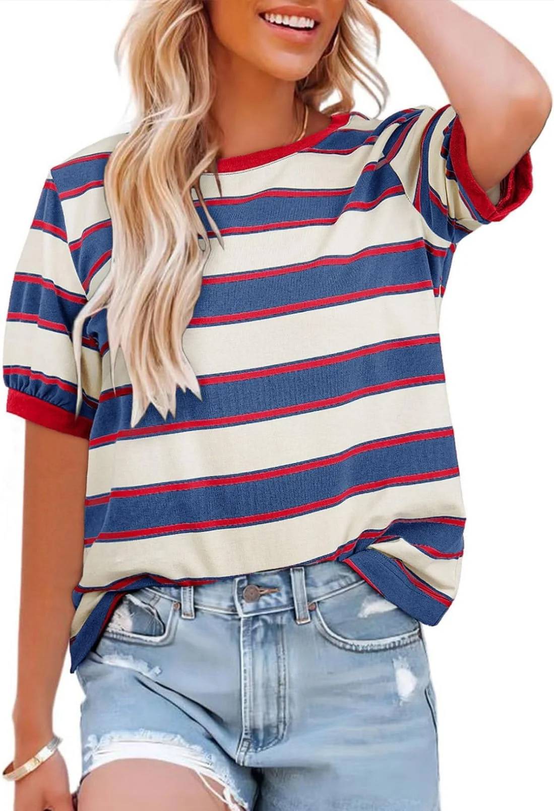 BUNSLOOM Tshirt Damen Gestreift Color Block Rundhals Kurzarm Oberteile