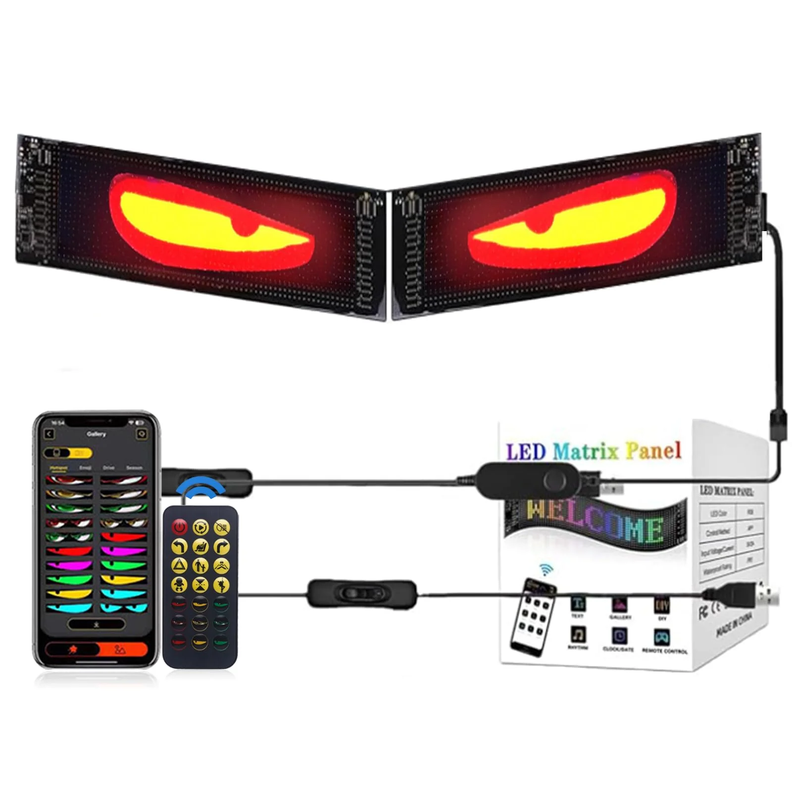 2er Devil Eyes Light for Cars Led Augen für LKW Auto, DIY Anzeige Programmierbar, Intelligente Bunte Augenlampe,Weicher Bildschirm,Dynamische-LED Laufschrift für Auto,LKW,Text,Graffiti (120 * 595mm)