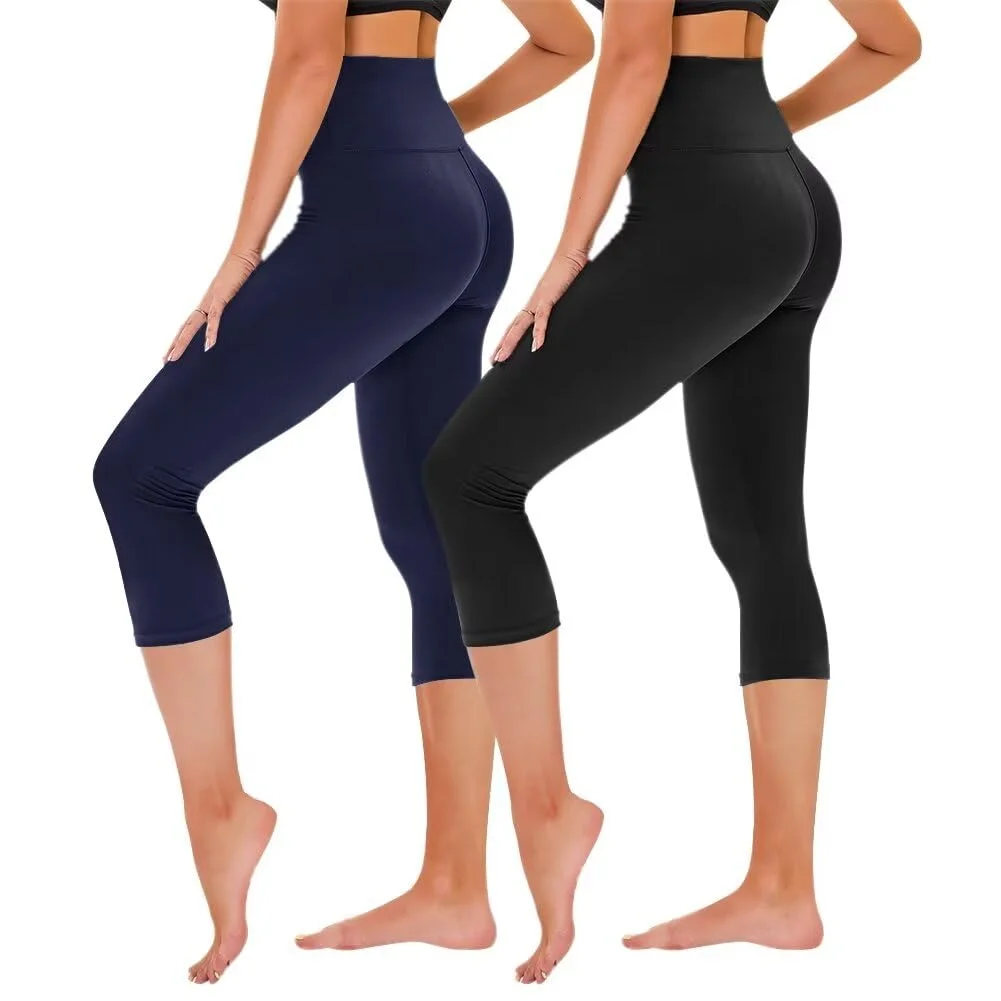 TNNZEET 2er Pack 3/4 Leggings Damen High Waist Caprihose Sommer für Yoga | Bequeme Capri Sporthose Elastisch 7/8 Sommerhose Dreiviertel Yogahose Hose für Gym