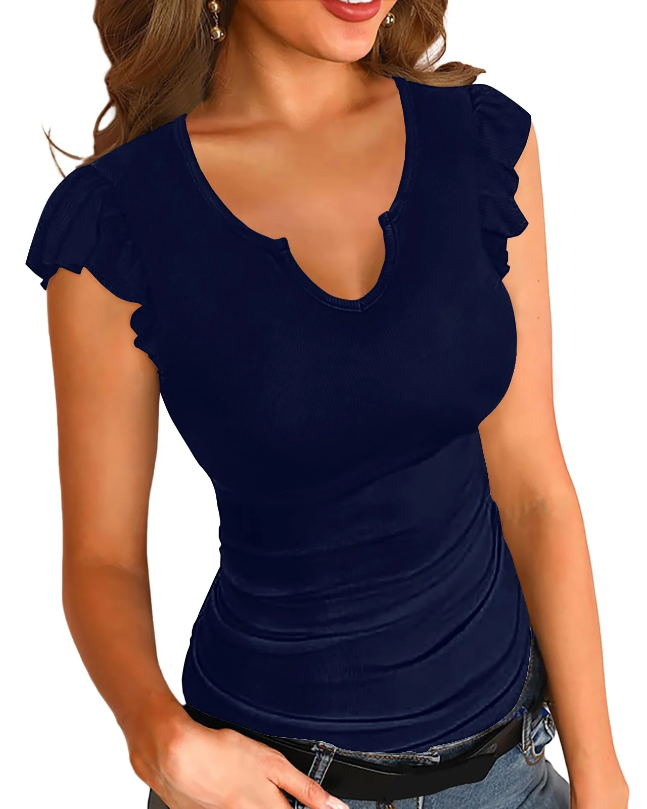 Basicspace Damen Sommer Kurzarm Rüschenmanschette Slim Casual Stretch V-Ausschnitt T Shirt Elegant Sexy Fit Basic Ribbed Top