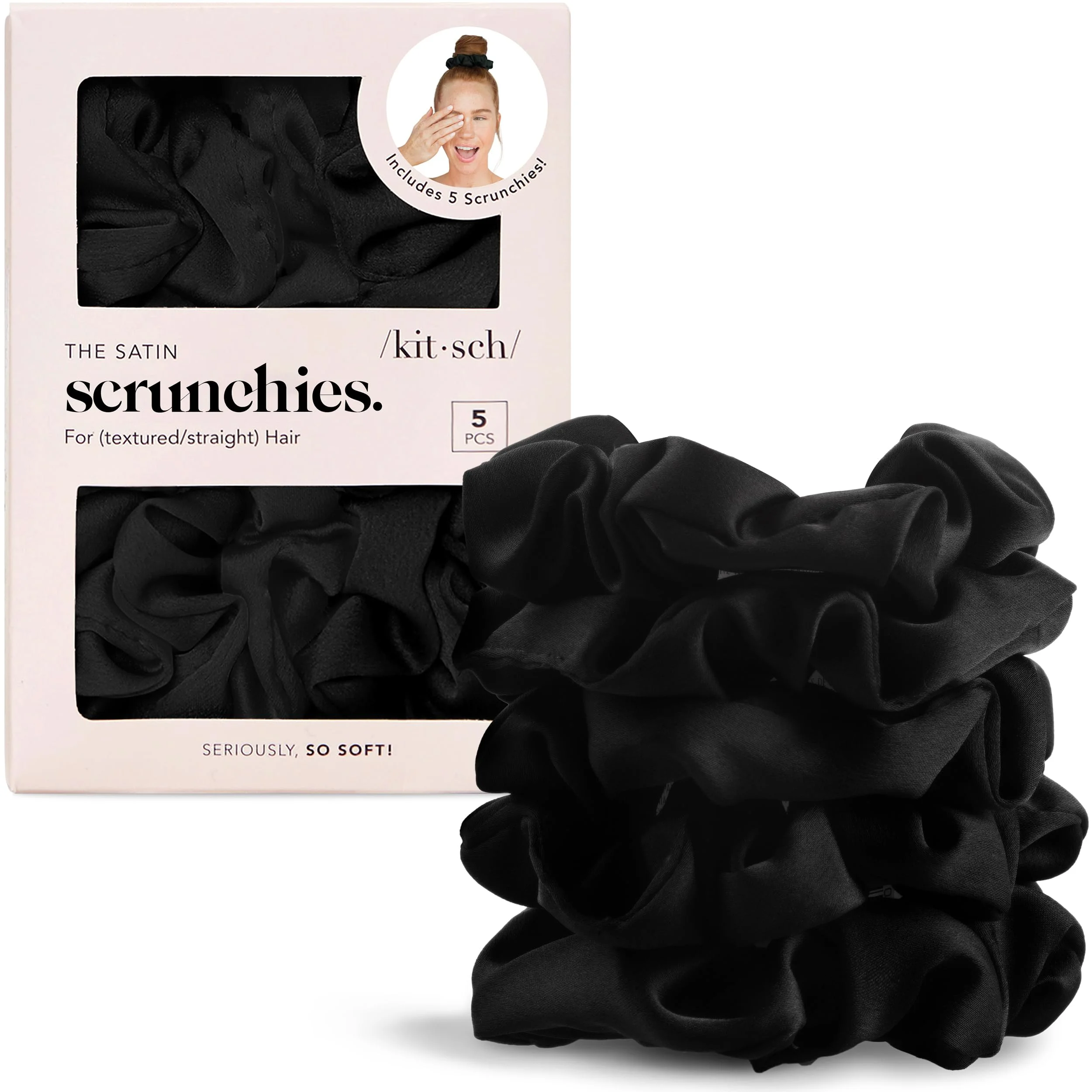 Kitsch Satin Haargummi Damen – Keine Knicke, Frizz-Kontrolle | Weicher als Seide, Haargummis sanft zum Haar für alle Haartypen | Stilvolle Scrunchies Haar-Accessoires – Schwarz, 5 Stück