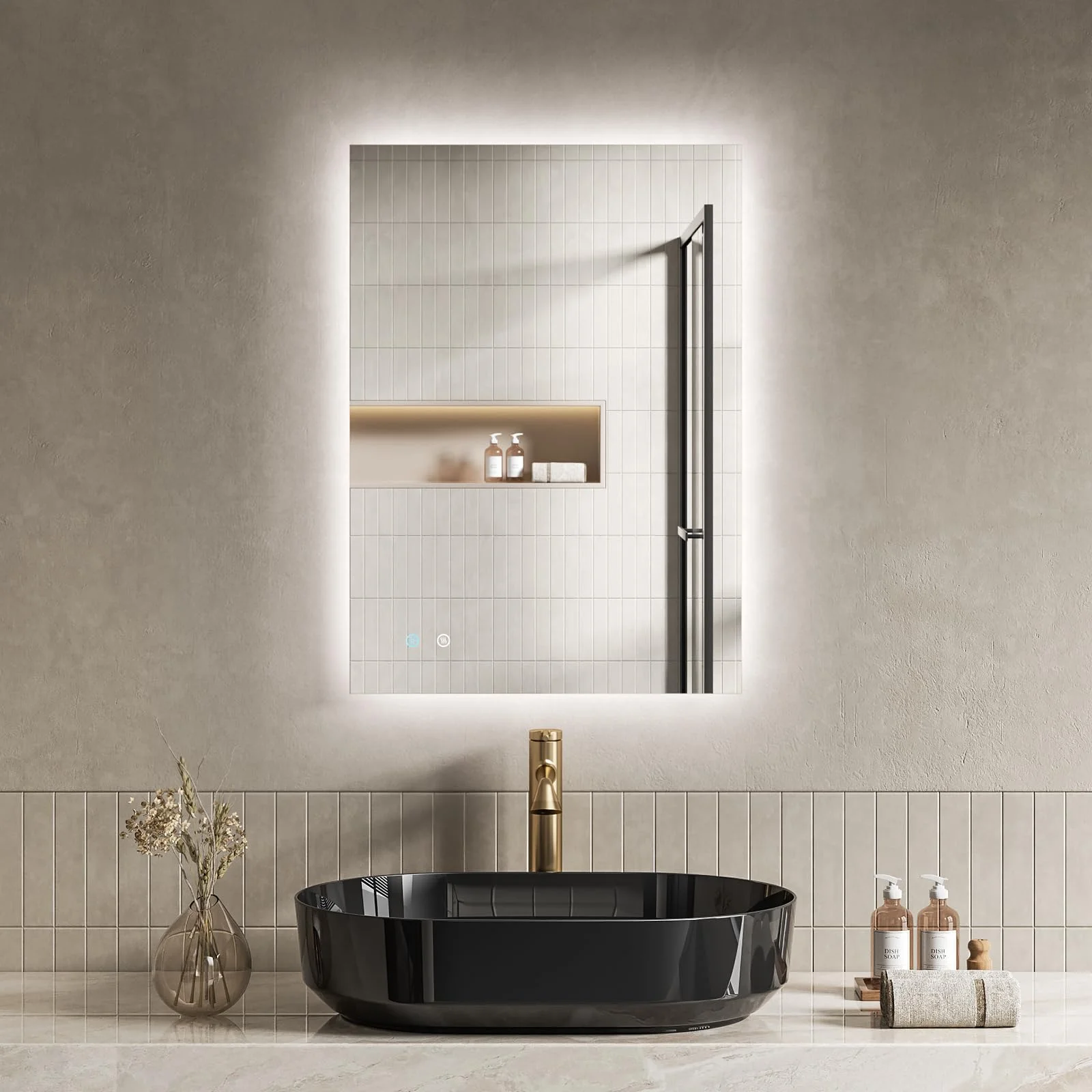ANNWA Badspiegel mit Beleuchtung Rechteckig 50x70cm,Touch-Schalter, Dimmbar,Beschlagfrei,3 Lichtfarben Dimmbarer LED Bad Spiegel Ohne Rahmen,Vertikal,Horizontal Montage(NHYJ5712D)