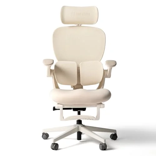 HINOMI Q2 Ergonomischer Bürostuhl mit Lendenwirbelstütze, verstellbarem Kopfstütze, Mesh-Sitz, klappbaren Armlehnen, neigbar mit Fußstütze, stilvolles Modell für Home Office & Studium