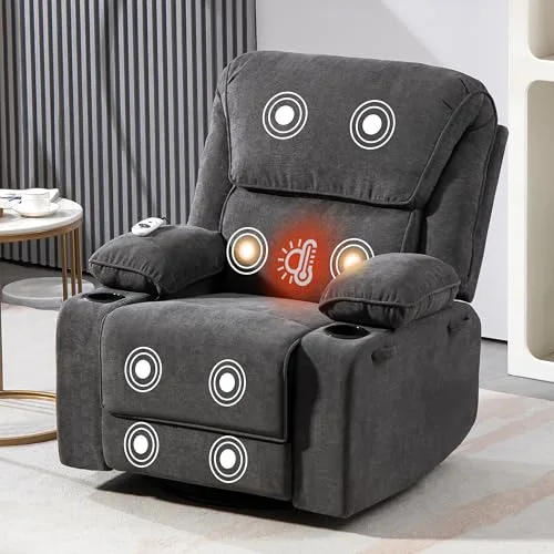 BRTHORY Relaxsessel mit Massagefunktion Fernsehsessel Liegefunktion Vibration Heizung, Dicke Rückenlehne und Armlehnen, Massagesessel mit Wippfunktion, 360°drehbar