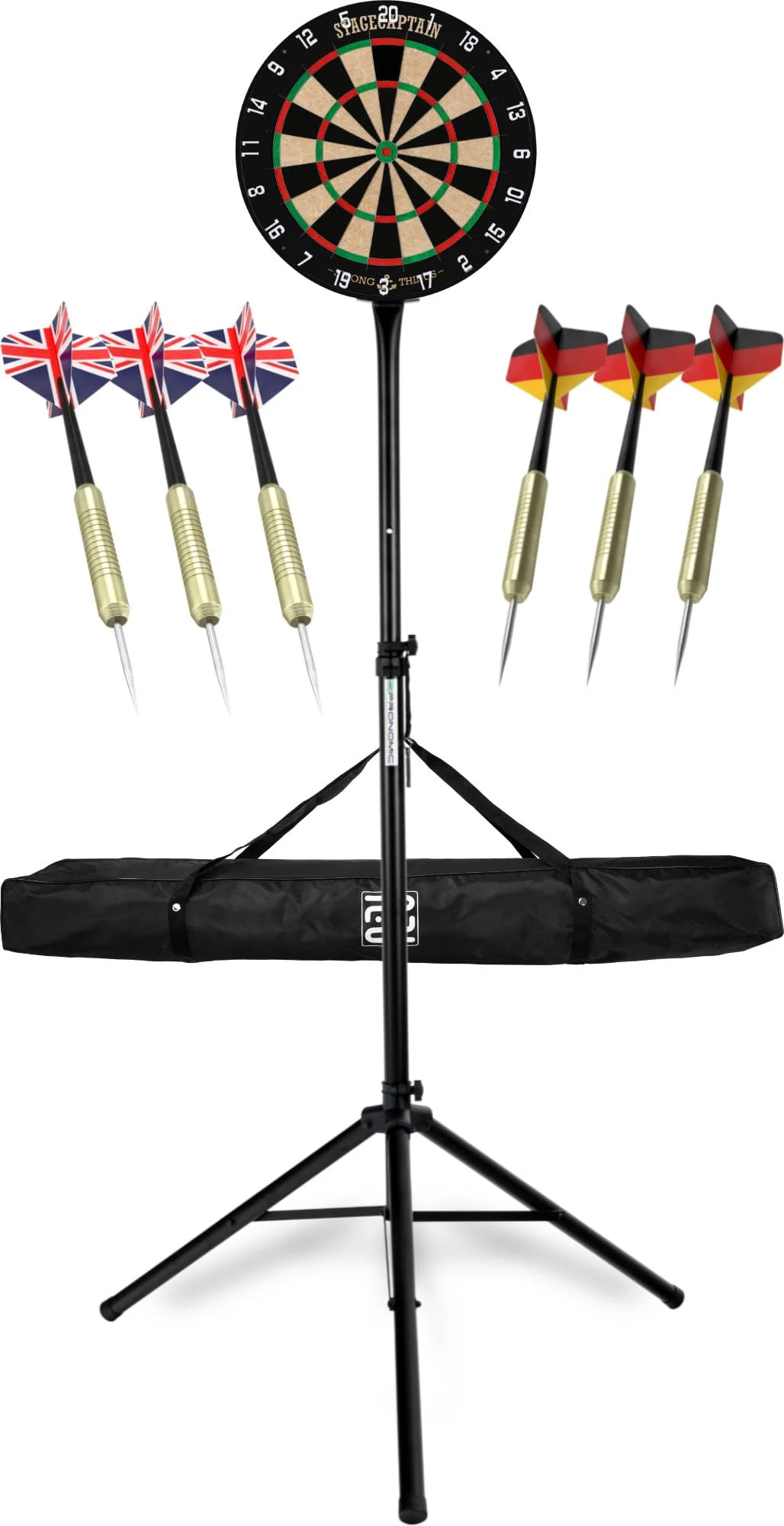 Stagecaptain DBS-1715C Bullseye Champion Dartscheibe + Ständer und Tasche | Dartboard, Dartscheibe aus Sisal, Drehbarer Nummernring, Material Scheibe: Sisal, Super deutlich lesbare Nummerierung, 5 cm