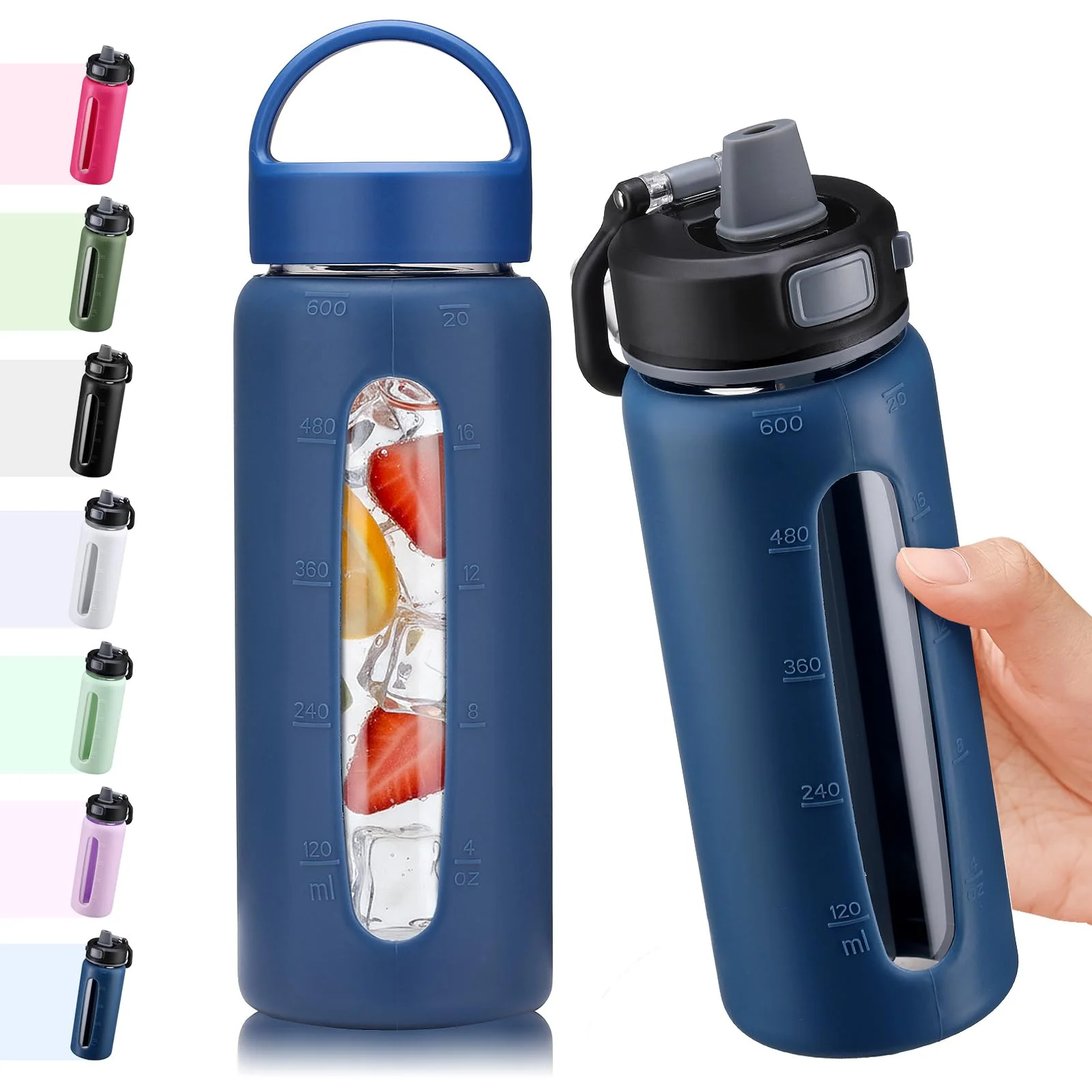 BLUEGO 600ml Glas Wasserflasche mit 2 Deckeln- One-Touch Verschlussdeckel und Griffdeckel Wiederverwendbare Trinkflasche mit Zeitskala für Reisen Zuhause Fitnessstudio Sport BPA-frei, Dunkelblau