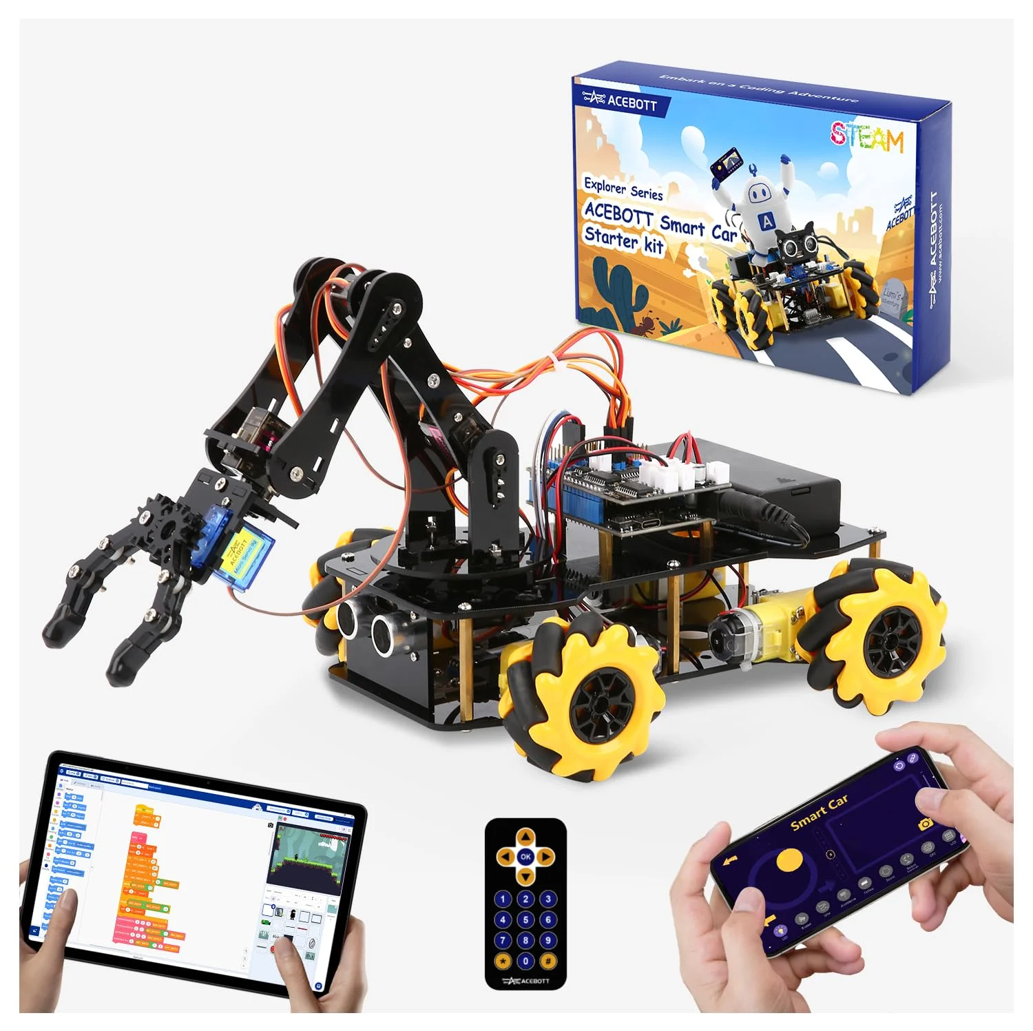 Robotik für Kinder im Alter von 8–12 Jahren, 5DOF intelligenter Roboterarm-Autobausatz, STEM-Spielzeug, Geschenk für Jungen/Teenager/Erwachsene, ESP32-Arduino/Python-Codierung, App und Fernbedienung