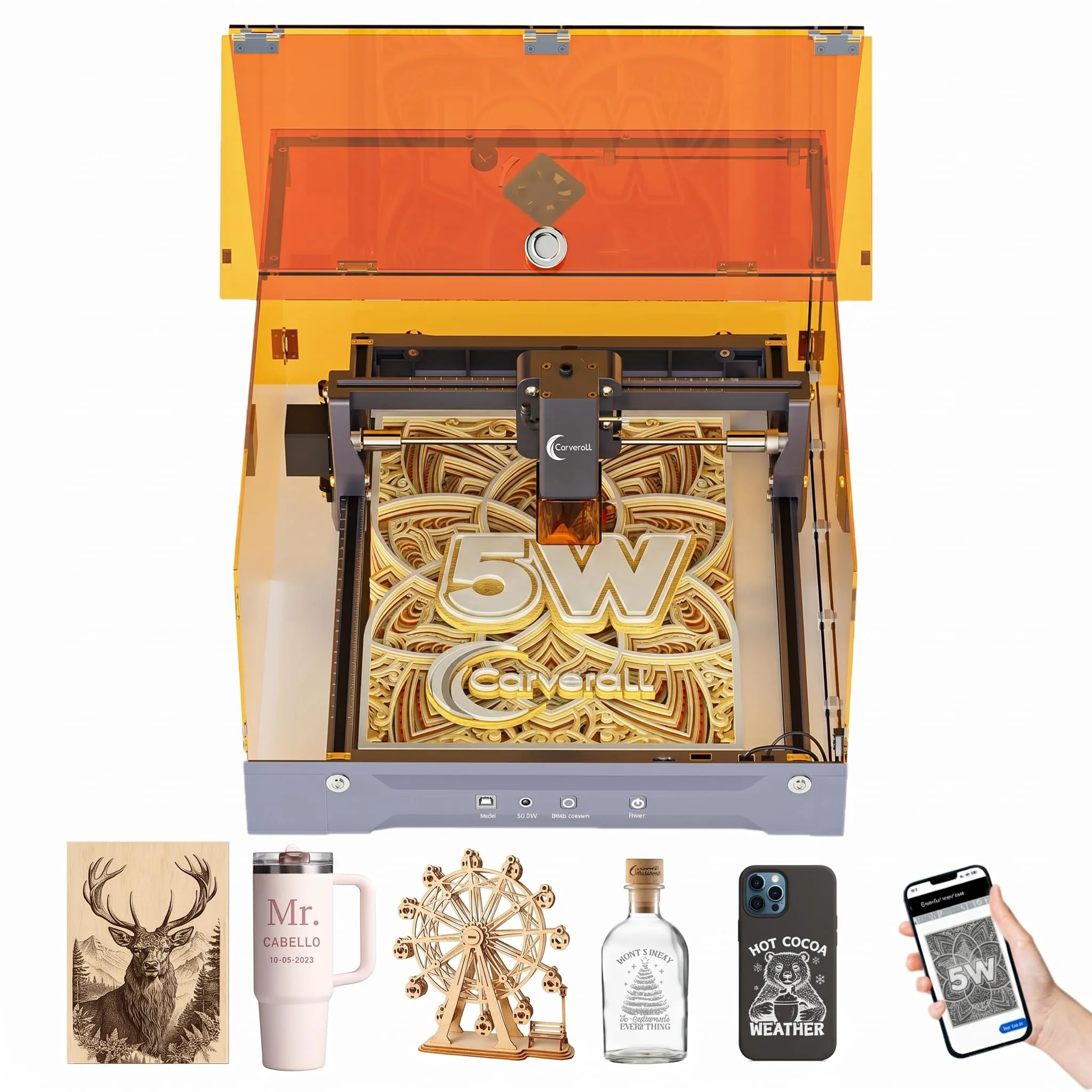 Carverall K15 Pro 5W Laser Graviermaschine & Cutter, Wi-Fi-Ferngravur Klasse 1 Arbeitsbereich A4 300x200mm 0,01mm Lasergravur-Maschine für Holz, Acryl, Metall, Leder, DIY