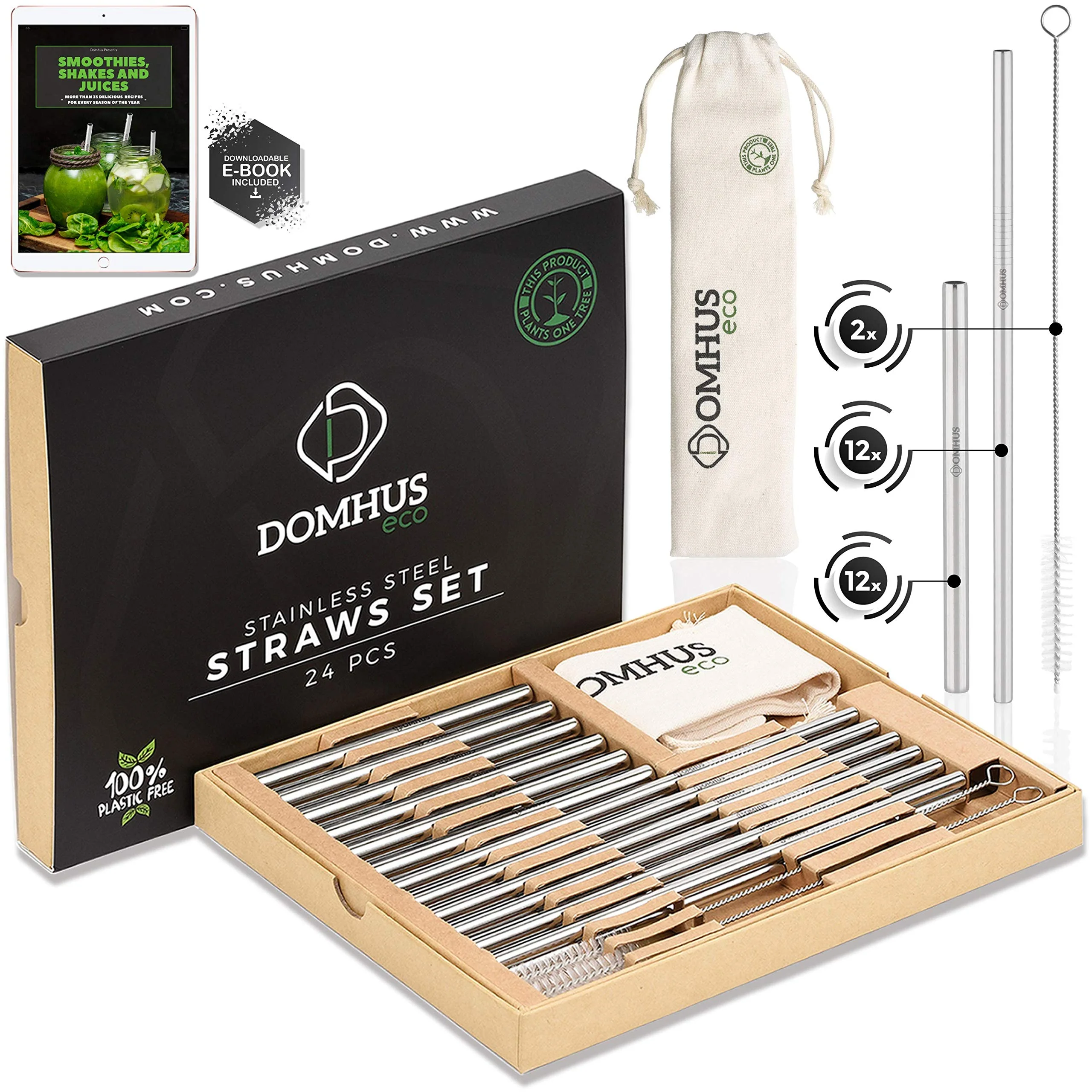 DOMHUS® Premium Edelstahl Strohhalme Wiederverwendbar Set 24er Ungiftig Trinkhalme | 100% Plastikfrei | Aufforstungsprojekt Partner | 24 Metall Strohhalme + 2 Reinigungsbürsten + Stoffbeutel + Ebook