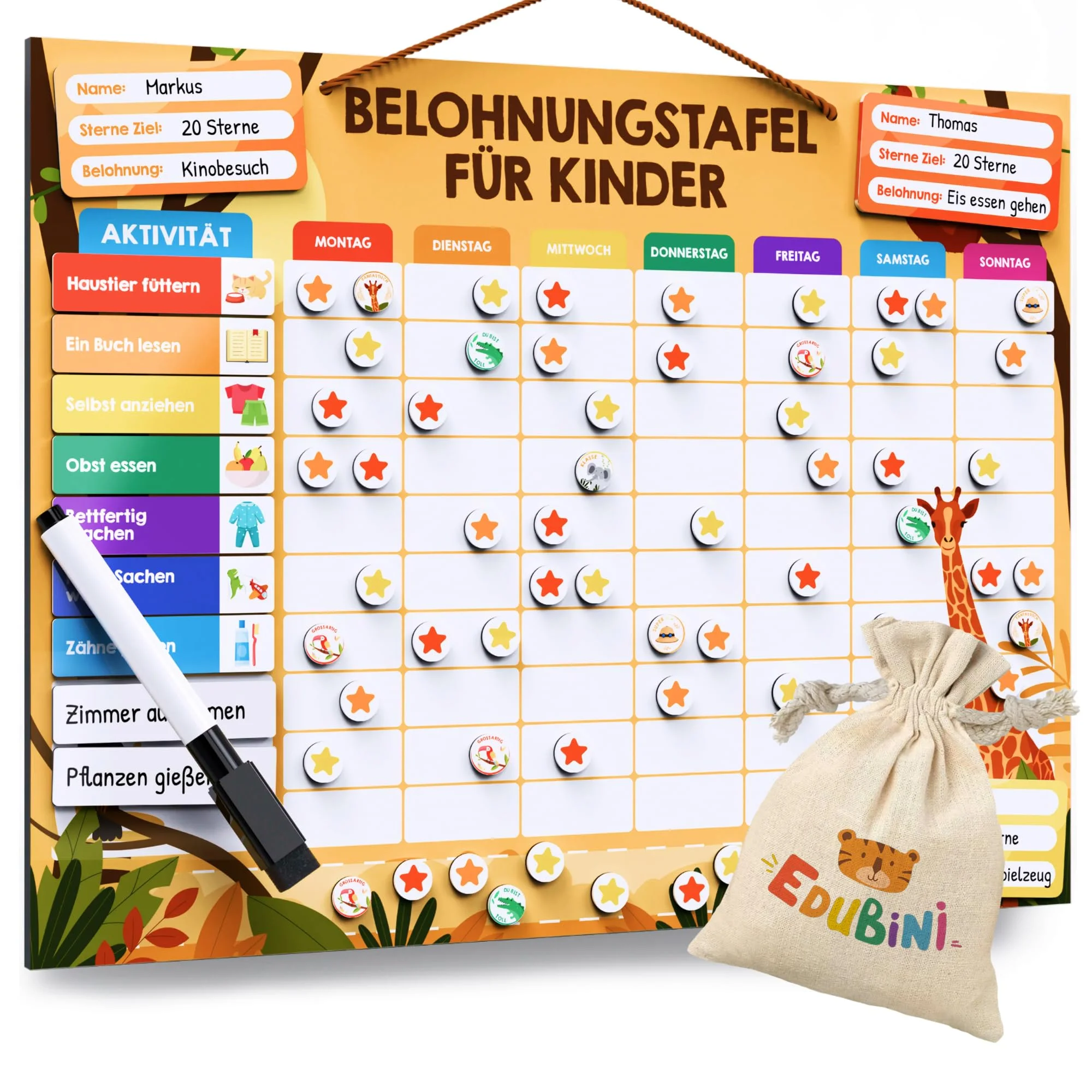 Edubini Belohnungstafel Kinder - [100 Aufgaben + 350 Magnete] - Belohnungssystem für Verantwortung - Family Plan, Montessori Magnettafel, Wochenplaner, Adhs Hilfsmittel - inkl. Tasche, Stift