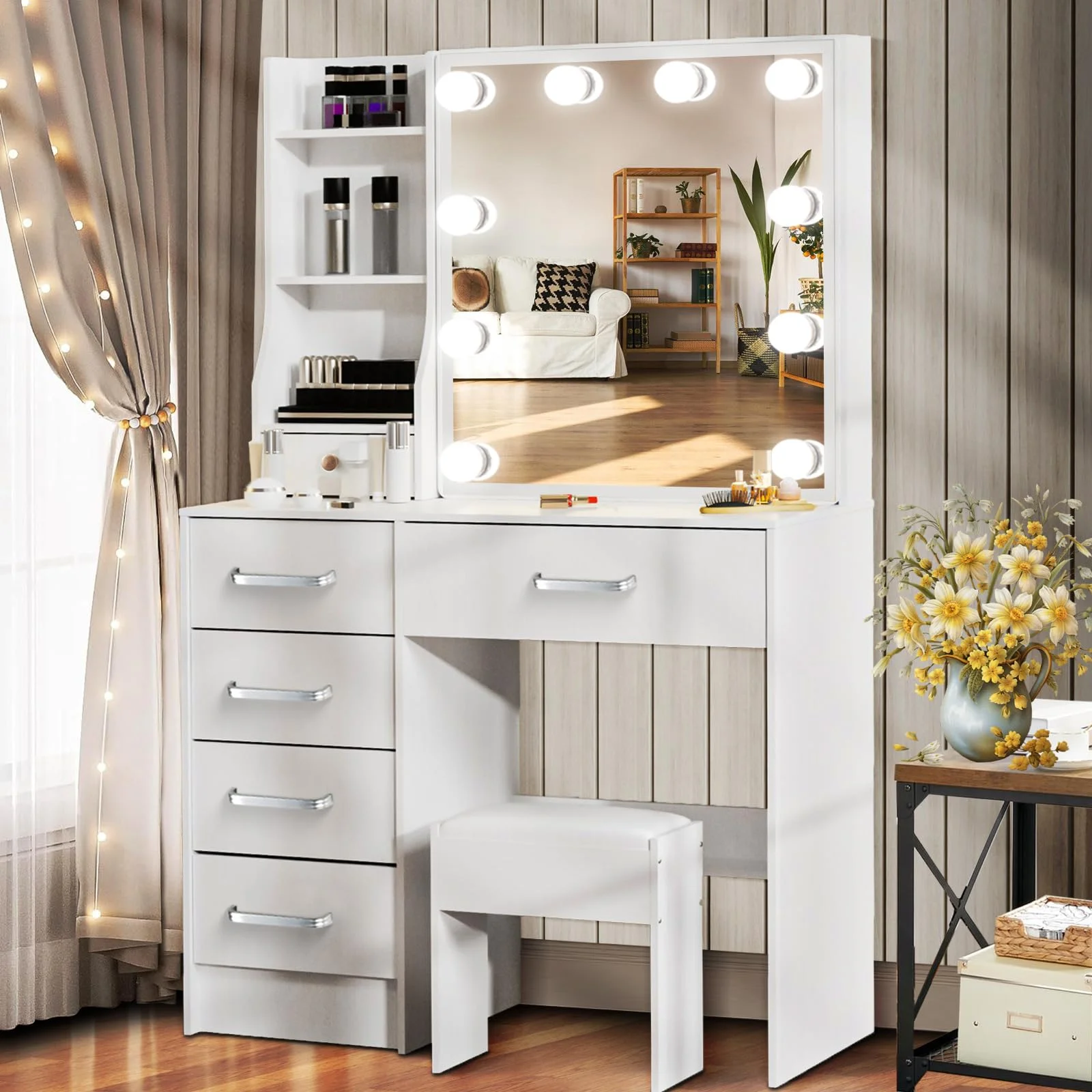 Saimeihome Schminktisch mit LED-Beleuchtung und Hocker, 3 Lichtfarben, Kosmetiktisch mit 6 Schubladen & 6 Ablagefächern, 80x36x130cm, Weiß Make-up Tisch für Schlafzimmer