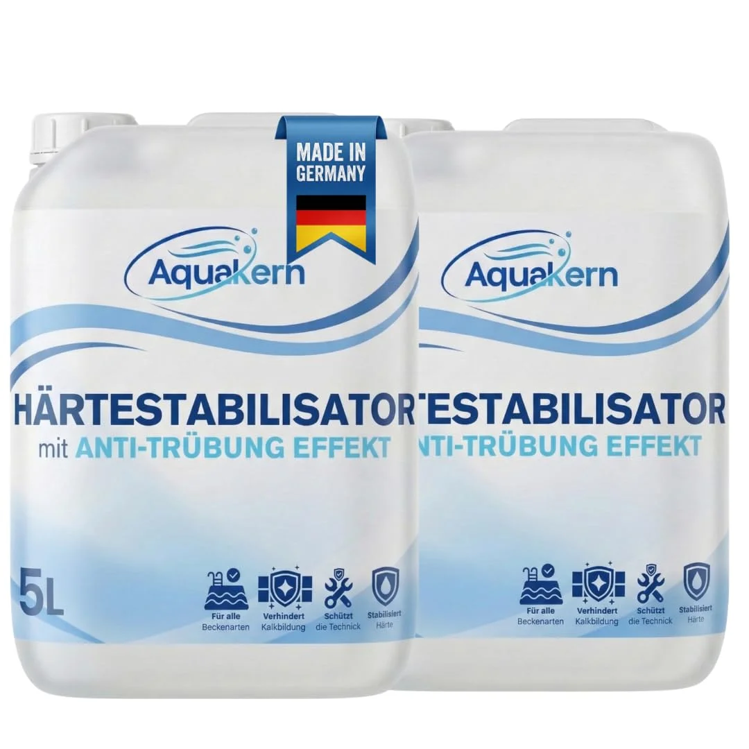 Aquakern Härtestabilisator Pool 2x5L [entfernt Kalkablagerungen] mit Anti-TRÜBUNG-Effekt | Schützt die Pooltechnik | bindet Calcium & Metallionen im Wasser | Kalkentferner Pool | Made in Germany