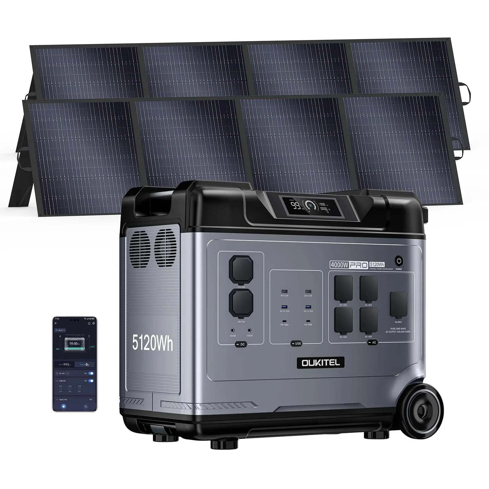 OUKITEL P5000 Pro 5120Wh Große Kapazität Tragbare Powerstation mit 2x200W Solarpanel, 5×4000W AC-Steckdosen (8000W Spitzenleistung) Solargenerator, LiFePO₄-Akku, Für Camping und Stromausfälle