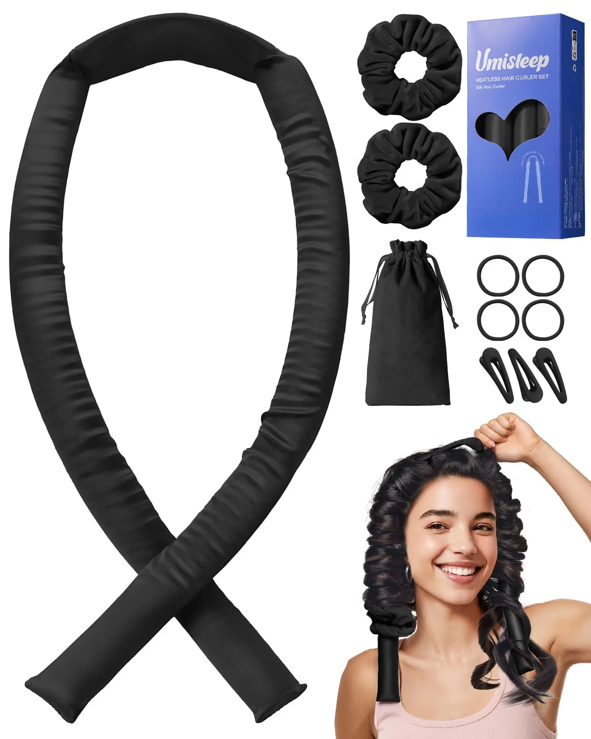Umisleep Seide Heatless Lockenwickler, Seide Schont die Haare Heatless Curls mit Lockenset, 99cm Lockenwickler Über Nacht, DIY Heatless Curls Band für Lange Haare, Rutschfest Locken (Schwarz)