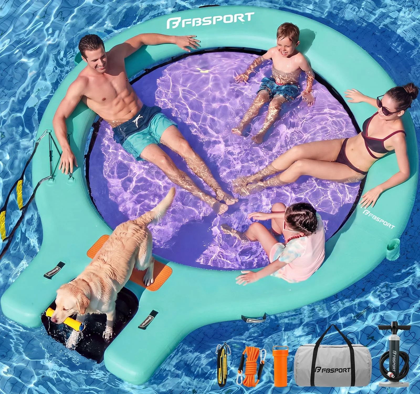 Große aufblasbare Badeplattform 240 cm Schwimminsel Sunchill mit Wasserrampe für Hunde, Wasserinsel für 3–5 Personen, Schwimmendes Dock inkl. Luftpumpe, Badeinsel Plattform für Pool Strand See & Ozean