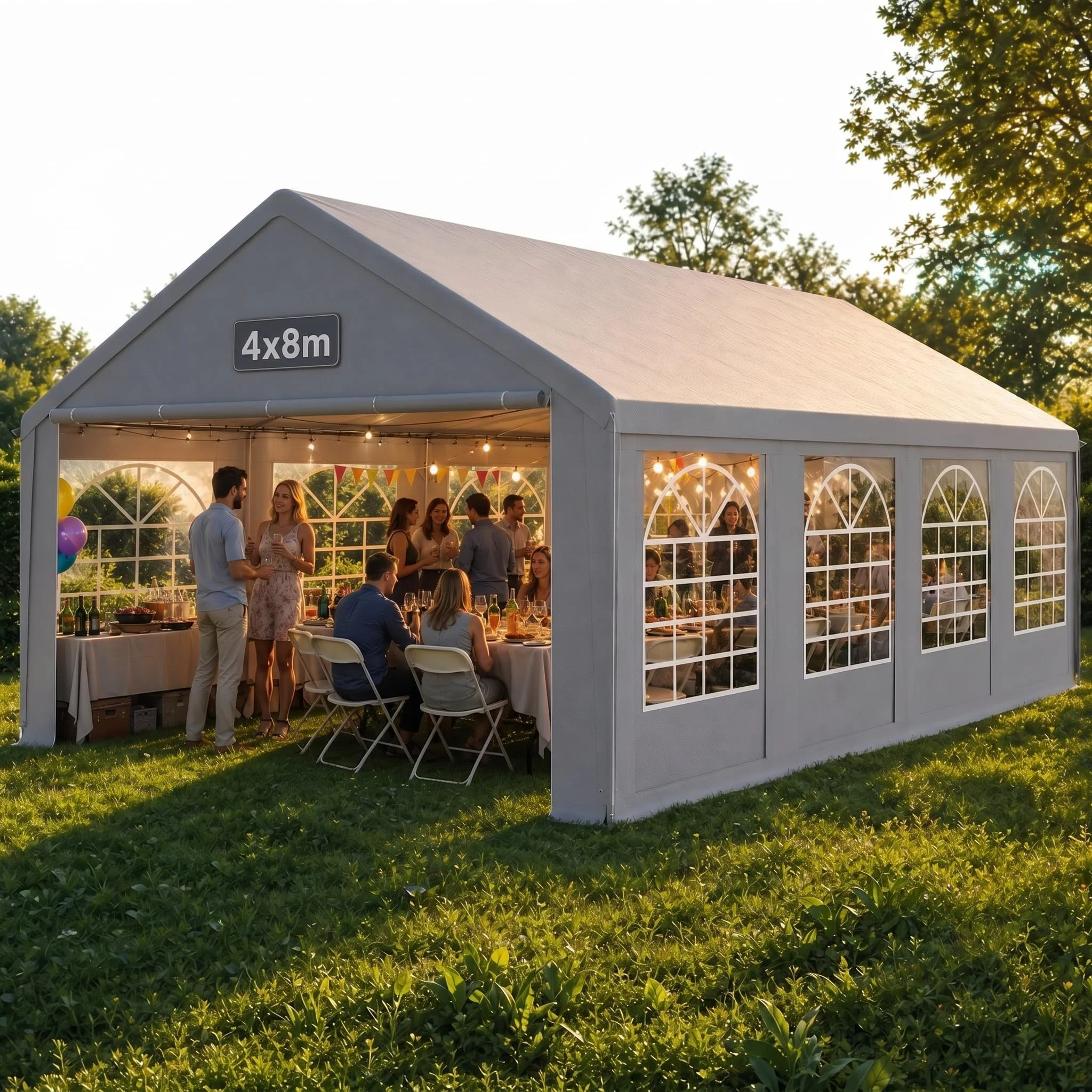 QEENTOE Partyzelt 4x8 m Wasserdicht UV-Schutz, Stabiler Garten Pavillon mit Seitenteilen und Fenstern, Winterfest PE-Plane Festzelt für Hochzeit Feier Außenbereich Grau