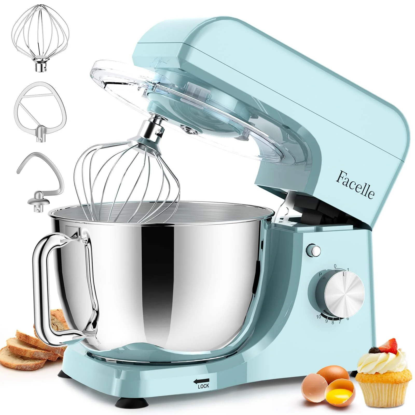 Küchenmaschine 1500W, Knetmaschine mit 10 Geschwindigkeitsstufen, 5.5L Edelstahl-Rührschüsseln, planetarischen Rührsystem, Teigmaschine mit Rührhaken, Knethaken, Schlagbesen und Spritzschutz