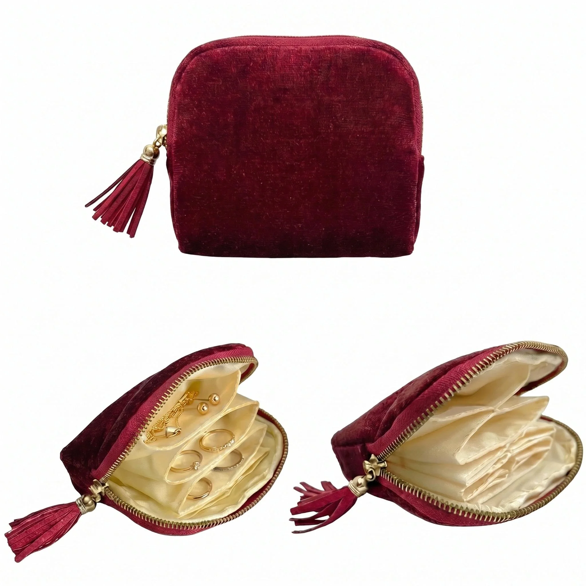 TXTIGER Samt Schmuckkästchen, 5-lagiges Reise Schmuckkästchen für Damen, Tragbarer Schmuckaufbewahrung für Ohrringe, Armbänder, Ringe, Halsketten, Schmucktasche für Reisen und Alltag (Burgunderrot)