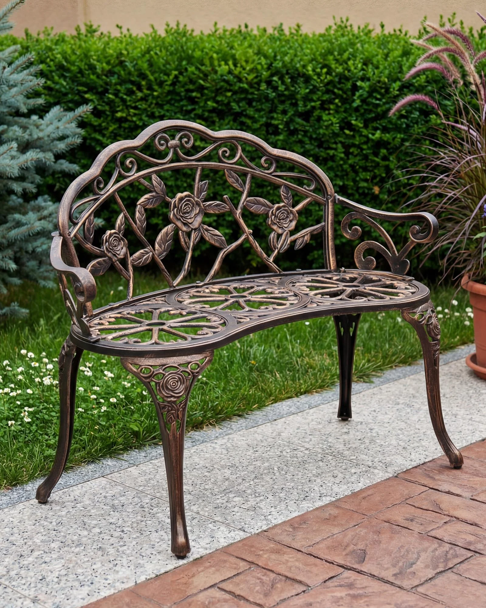 Roomark Gartenbank Metall wetterfest, 2-Sitzer Sitzbank aus Aluguss bis 240kg belastbar, Vintage Parkbank Antik mit Blumenmuster für Garten, Balkon & Terrasse, 91cm Breit, Bronze