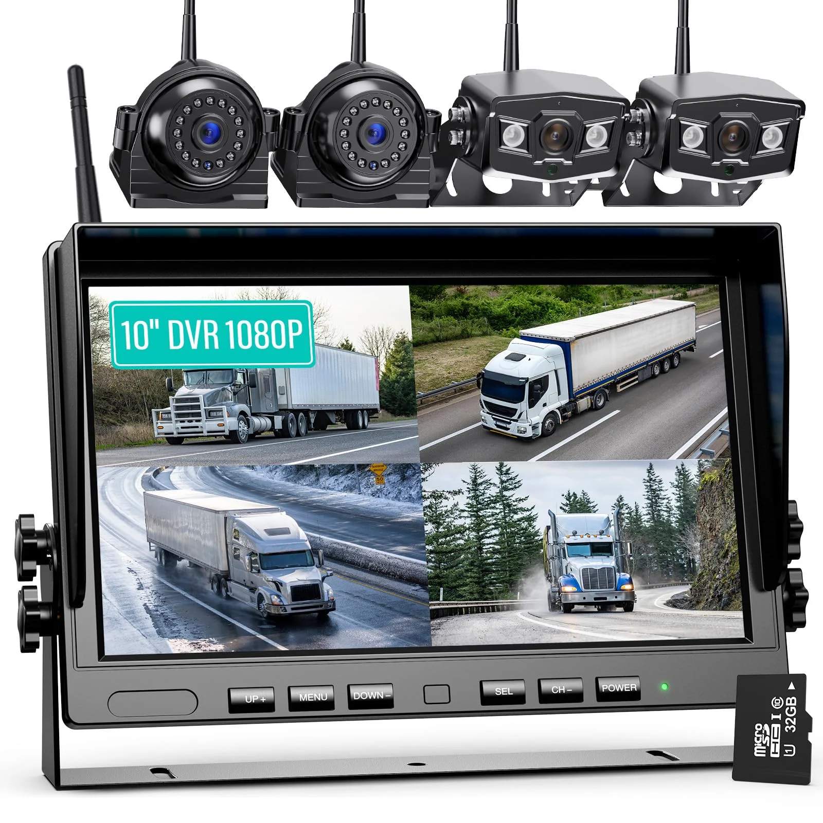 eRapta HD 1080P 10" Kabelloses Rückfahrkamerasystem Kit | 4 Rückfahrkamera mit 10 Zoll Quad-Split-Loop-Aufnahmemonitor, IP69K wasserdichte Rückfahrkameras für LKW Wohnmobil, Anhänger