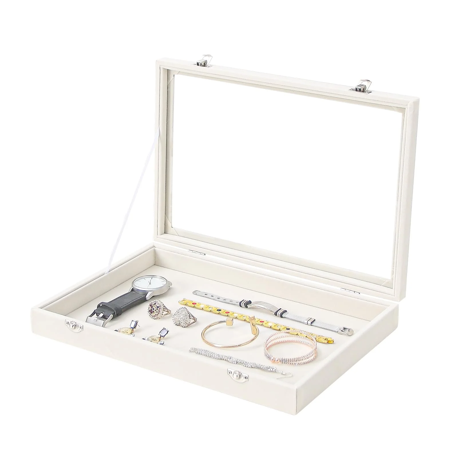 Coward Schmuck-Aufbewahrungsbox, Beige Samt-Display-Tray-Box mit Deckel für die Aufbewahrung von Halsketten, Armbändern, Ringen, Perlen und Schmuckzubehör