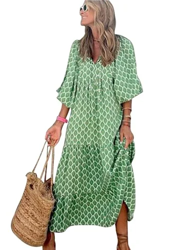 MessBebe Sommerkleider Damen 3/4-Ärmel Elegant V-Ausschnitt Halblange Ärmel Boho Langarm Blumenkleid Midi Lässig Sommer Freizeitkleid
