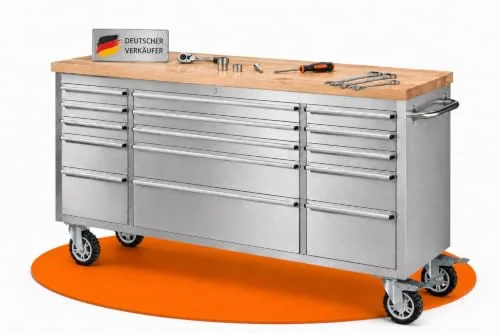Ondis24 Edelstahl-Werkstattwagen Werkzeugwagen mit 10 Leichtlaufschubladen & XL-Massivholzarbeitsplatte, Lenkrollen, unbestückt