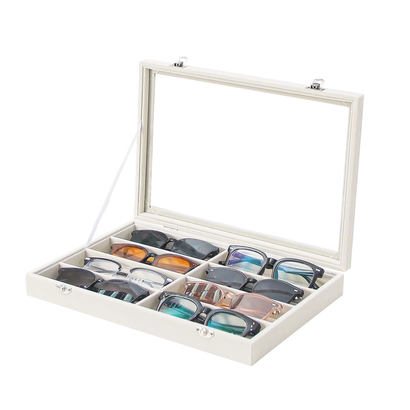 Coward Sonnenbrillen-Organizer-Tablettbox, Beige Samt-Raster-Brillen-Display-Tablett-Etui mit transparentem Glasdeckel für den Heimgebrauch oder den Verkauf im Laden