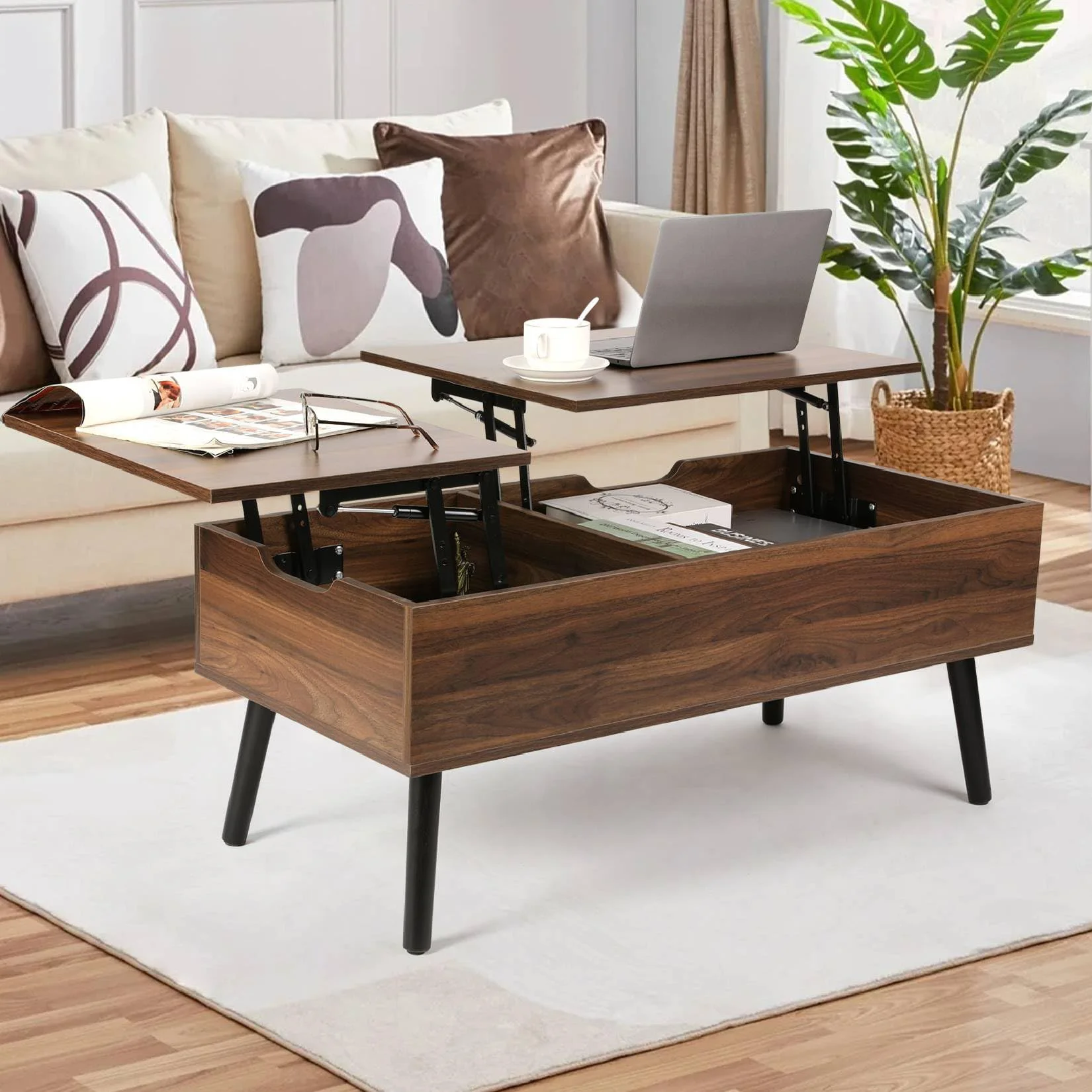 VOWNER Höhenverstellbarer Couchtisch mit Auszug, Versenkbarer Wohnzimmertisch, Separates Verstecktes Ablagefach, Doppelte Hubplatte, Walnuss Farbe, 100.5 x 50.5 x 43.5 cm