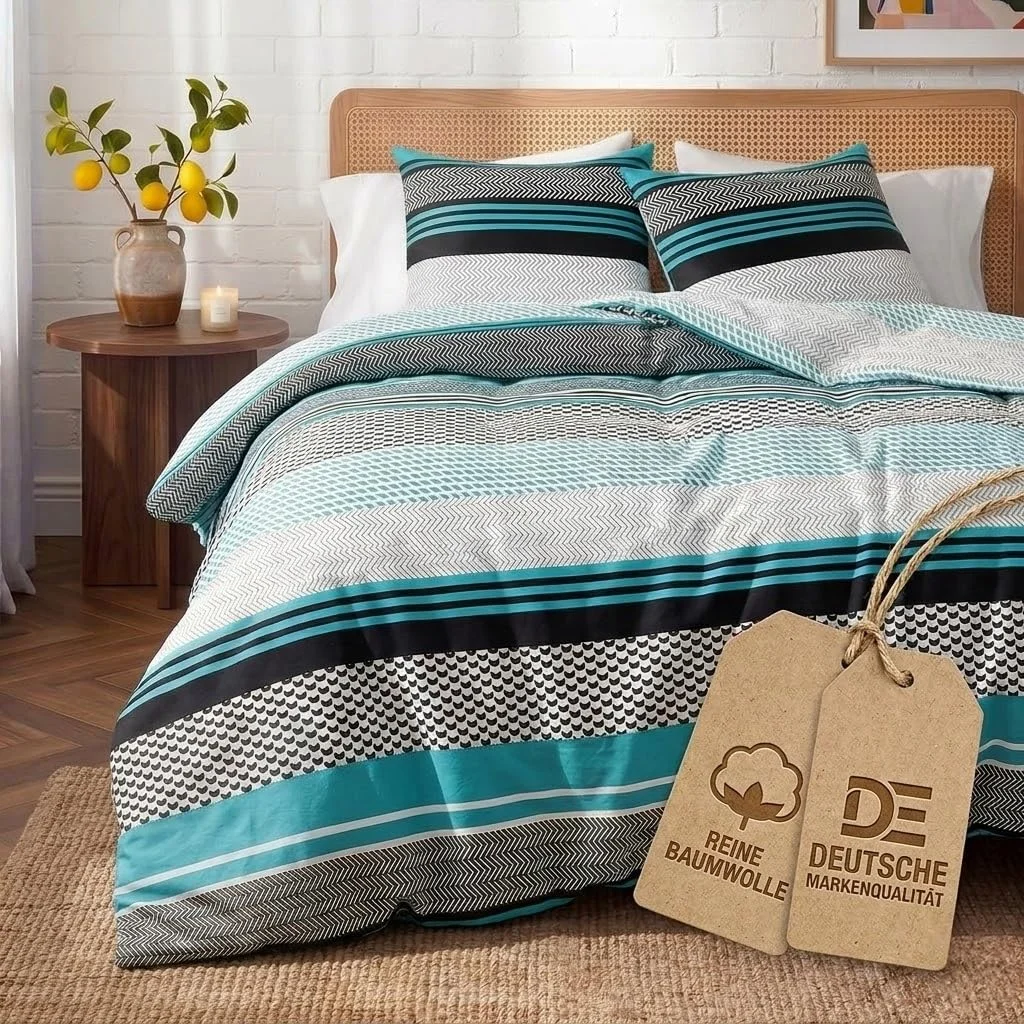 Sentidos 4-teiliges Bettwäsche-Set aus Renforcé-Baumwolle - 2x Bettbezüge 135x200 cm & 2x Kissenbezüge 80x80 cm mit Reißverschluss - Türkis/Schwarz/Weiß