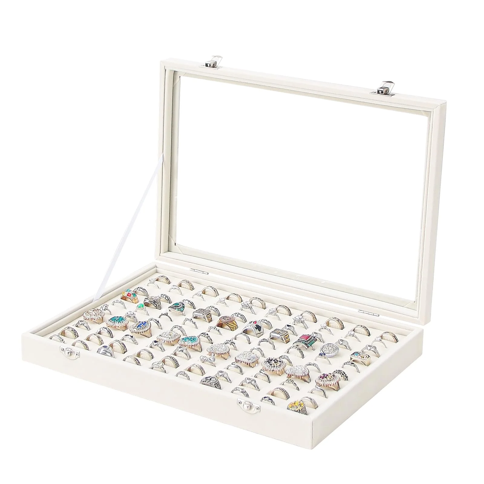 Coward Ring Organizer Schmuckbox, Beige Samt mit 100 Fächern, Ring-Display-Aufbewahrungsbox mit transparentem Glasdeckel für den Heimgebrauch oder den Verkauf im Geschäft
