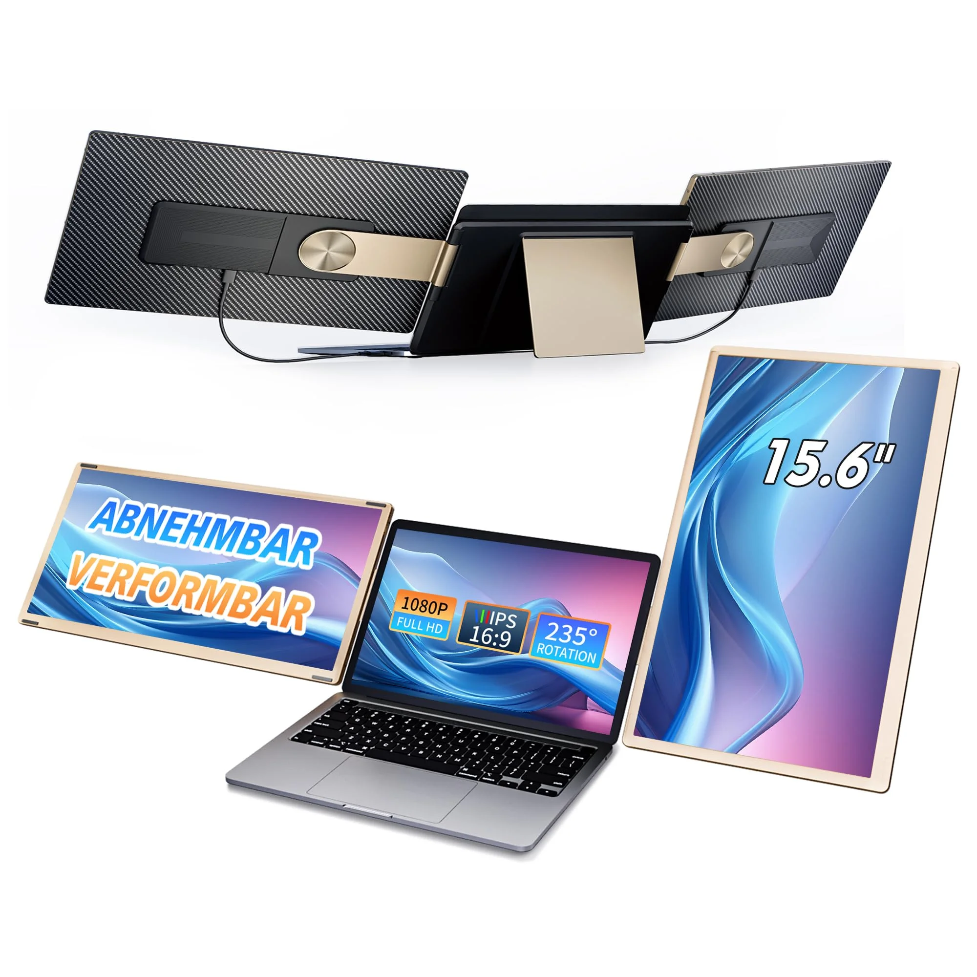 15.6'' Laptop Monitor Erweiterung, 120% sRGB Laptop Screen Extender with 235° Rotation, 1080P Laptop Screen Extension, Removable, Malleable, Plug & Play, Portable Monitor for Mac Windows Chrome