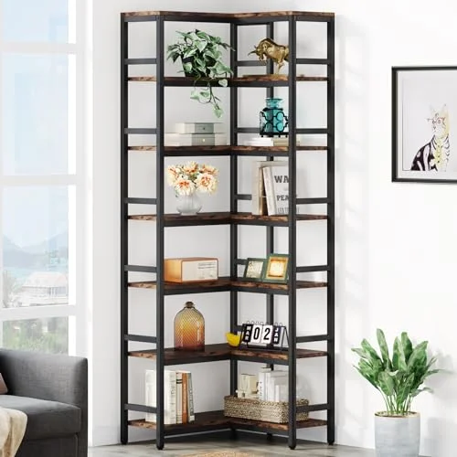 Tribesigns 7 Ebenen Eck-Bücherregal, 200cm hohes Bücherregal, industrielles großes Eckregal, Lagerregal, Aufbewahrungsregal mit Metallrahmen für Wohnzimmer, Zuhause, Büro