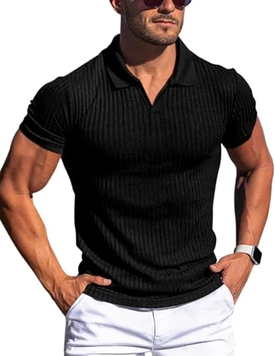 BUNSLOOM Herren Poloshirts Sommer Kurzarm Strick Gestreiftes Muskelshirts Stretch Golf Shirt Urlaub Polohemd