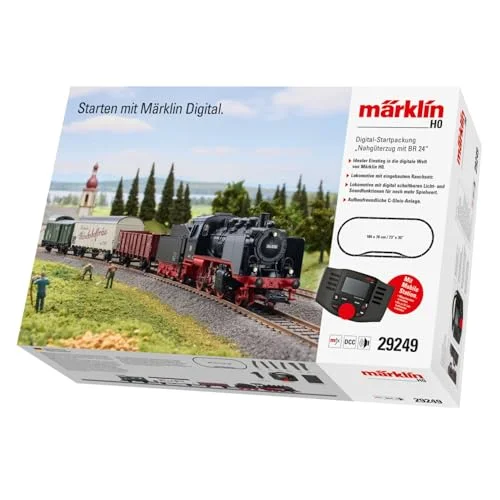 Märklin 29249 Startpackung Nahgüterzug mit BR 24 – Digitale Dampflok mit Sound & Rauch, Mobile Station, C-Gleis Set – Modelleisenbahn Startset Spur H0