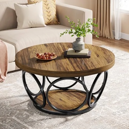 Tribesigns Runder Couchtisch, 80 cm Runder Holztisch, Bauernhaus Große Runde wohnzimmertisch mit 2-Ebenen Lagerung, Moderne Einfache Braune Teetisch