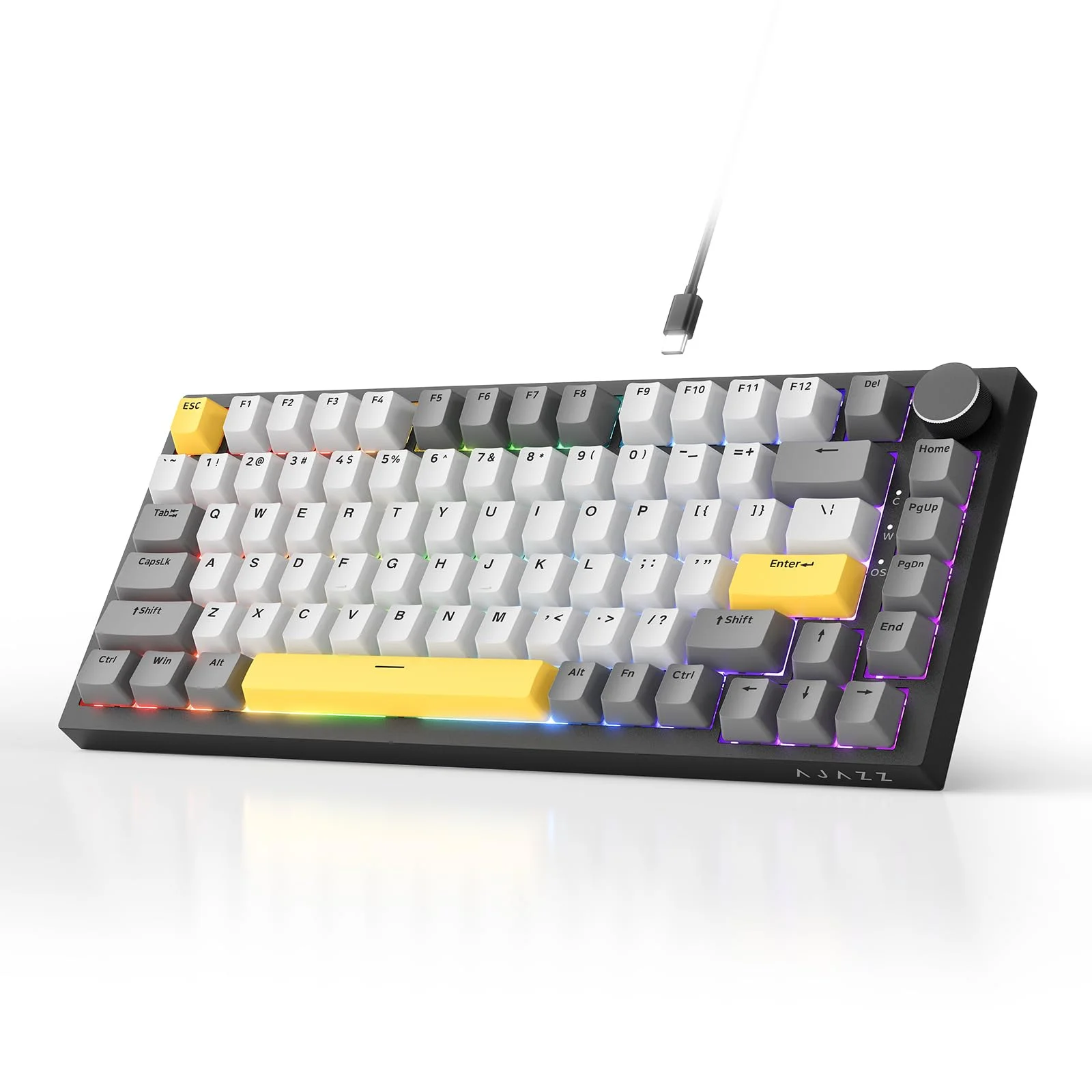 AJAZZ AK820 Wired Mechanical Keyboard, 75% Gaming Keyboard with Volume Control Knob, QWERTY Layout, 82 Keys, Five-Layer Sound Insulation Pad, South-Oriented RGB, Full-Key Hot Swap, Grey White Yellow