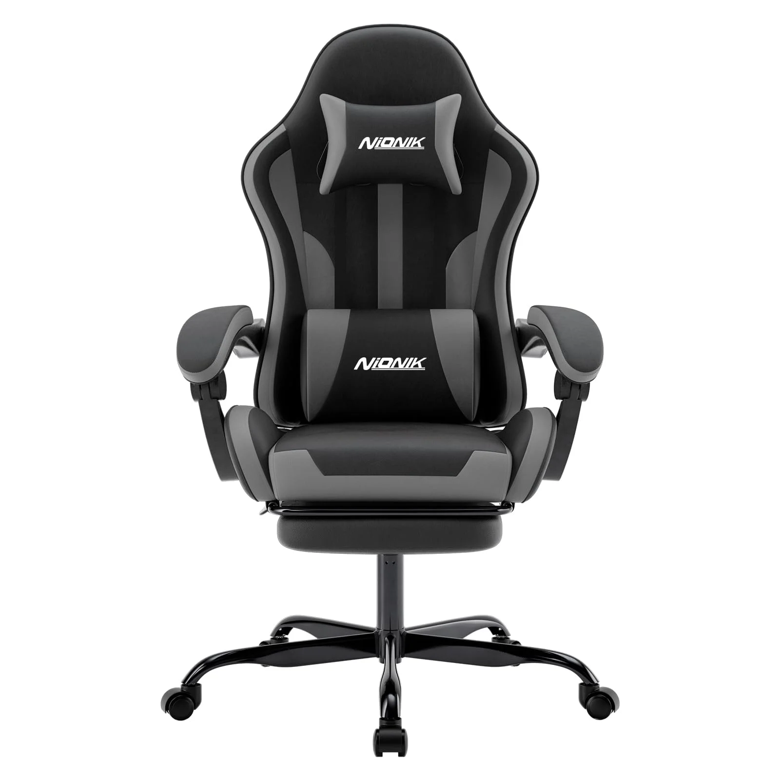 NIONIK Bürostuhl Gaming Stuhl, Gamer Stuhls Computerstuhl Schwarz Grau | Gepolstert Gaming Chair,Gaming Sessel für Erwachsene, Drehsessel Schwarz Grau