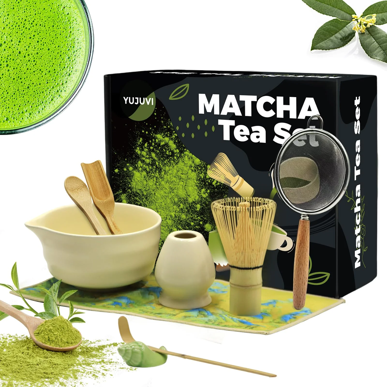 YUJUVI Matcha Tea Set Matcha Set 9-Teiliges Set Matcha Besen Matcha Schale mit Auslauf Japanisches Matcha Tea Set Matcha Besenhalter, Sieb, Schaufel, Tea Set (Elfenbeinweiß Set)
