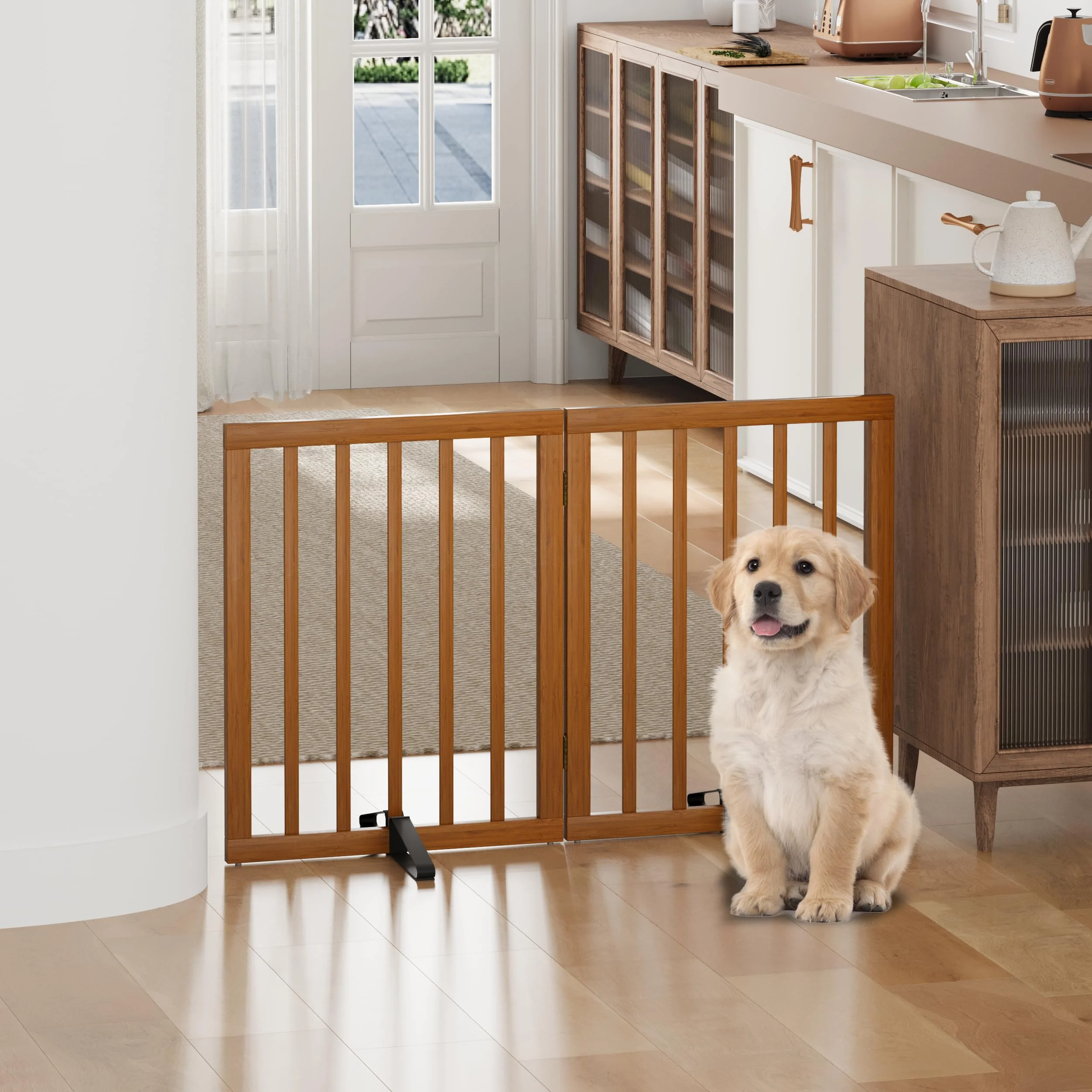 Hundegitter, Bambus-freistehende Hundegitter für Türöffnungen, Faltbares Hundegitter für den Innenbereich, Haustiergitter für Türöffnungen Schlafzimmer, Welpengitter mit Metallstützen, Raumteiler 3