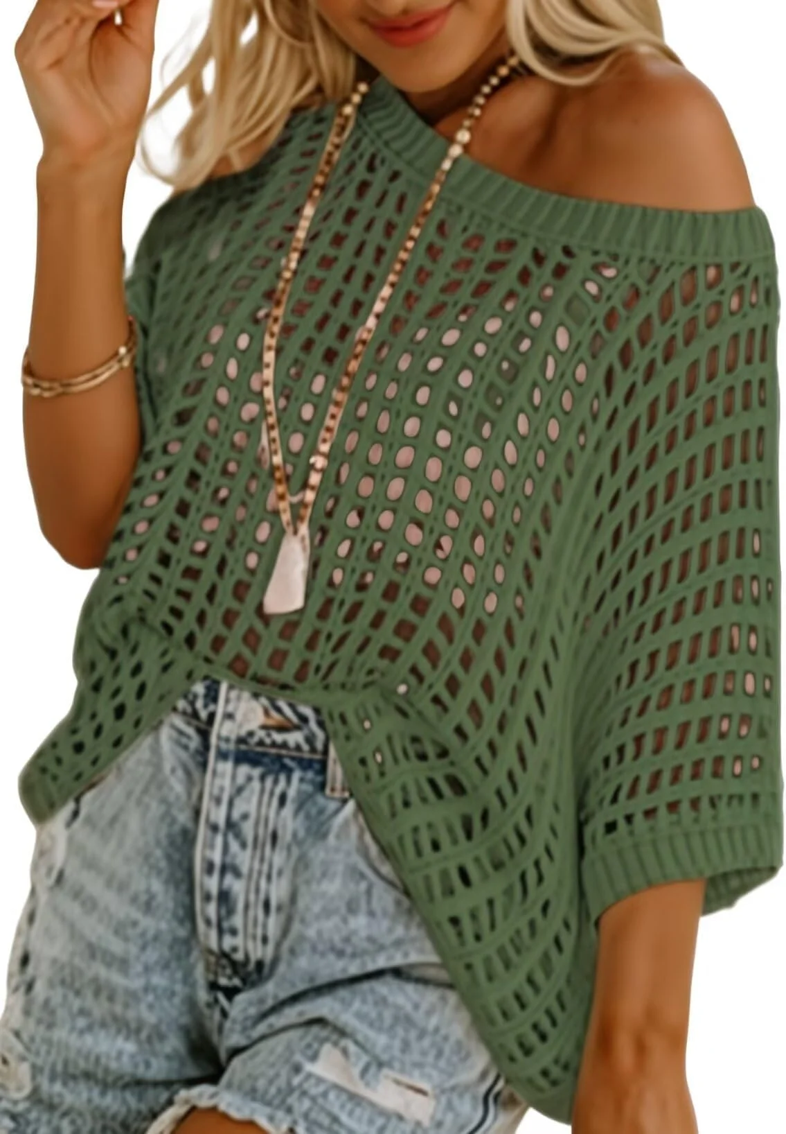 BUNSLOOM Strandkleid Damen Kurzarm Pullover Mode Aushöhlung Rundhals Strick Tops Cover Ups