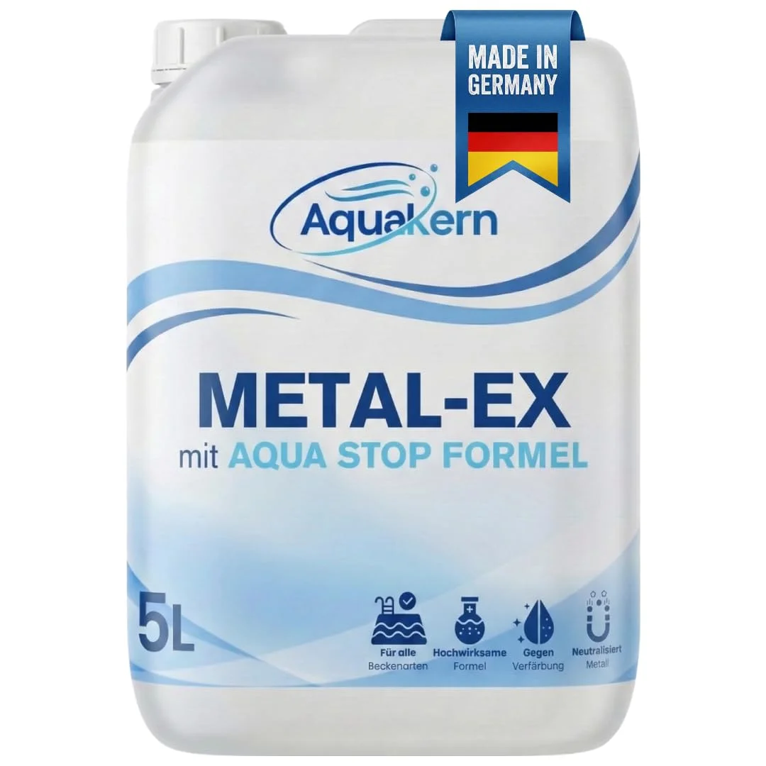 Aquakern Metal Ex Pool 5L [entfernt braunes Poolwasser] mit Aqua Stop-Formel | Schützt die Pooltechnik | entfernt Metall- & Kalkablagerungen an Wänden | Rostentferner Pool | Made in Germany