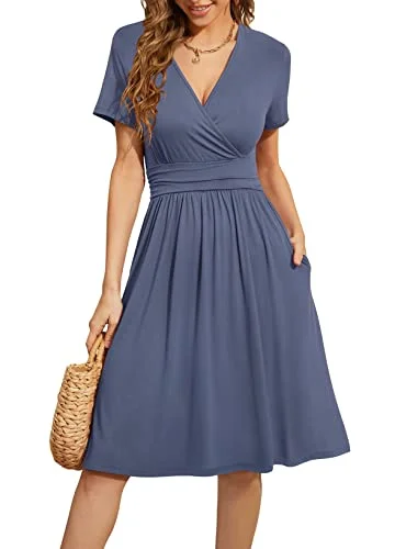 Actcat V-Ausschnitt Kleid Kurzarm Casual Kleider Sommerkleid Floral Party Kleid mit Taschen Kleider Elegant Blusenkleid Damen Blusenkleid Damen a Linie