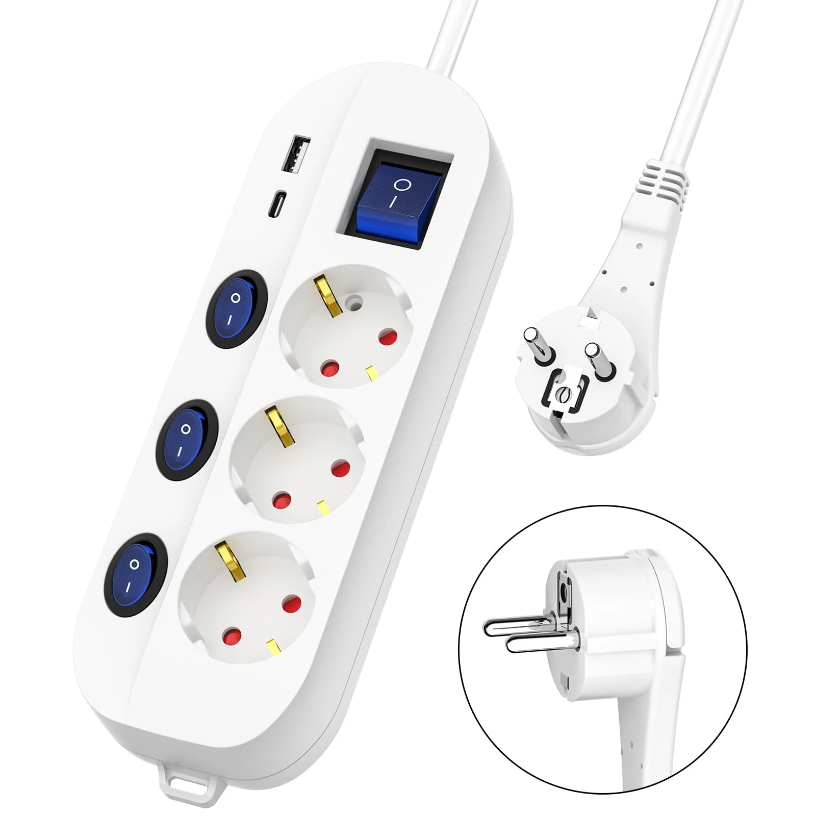 Realmade 4-Fach-Steckdosenleiste für den Hausgebrauch mit Einzelschaltern + Hauptschalter, Kindersicherung und Überlastschutz. Mehrfachsteckdose mit Kabel (weiß). (USB3M)