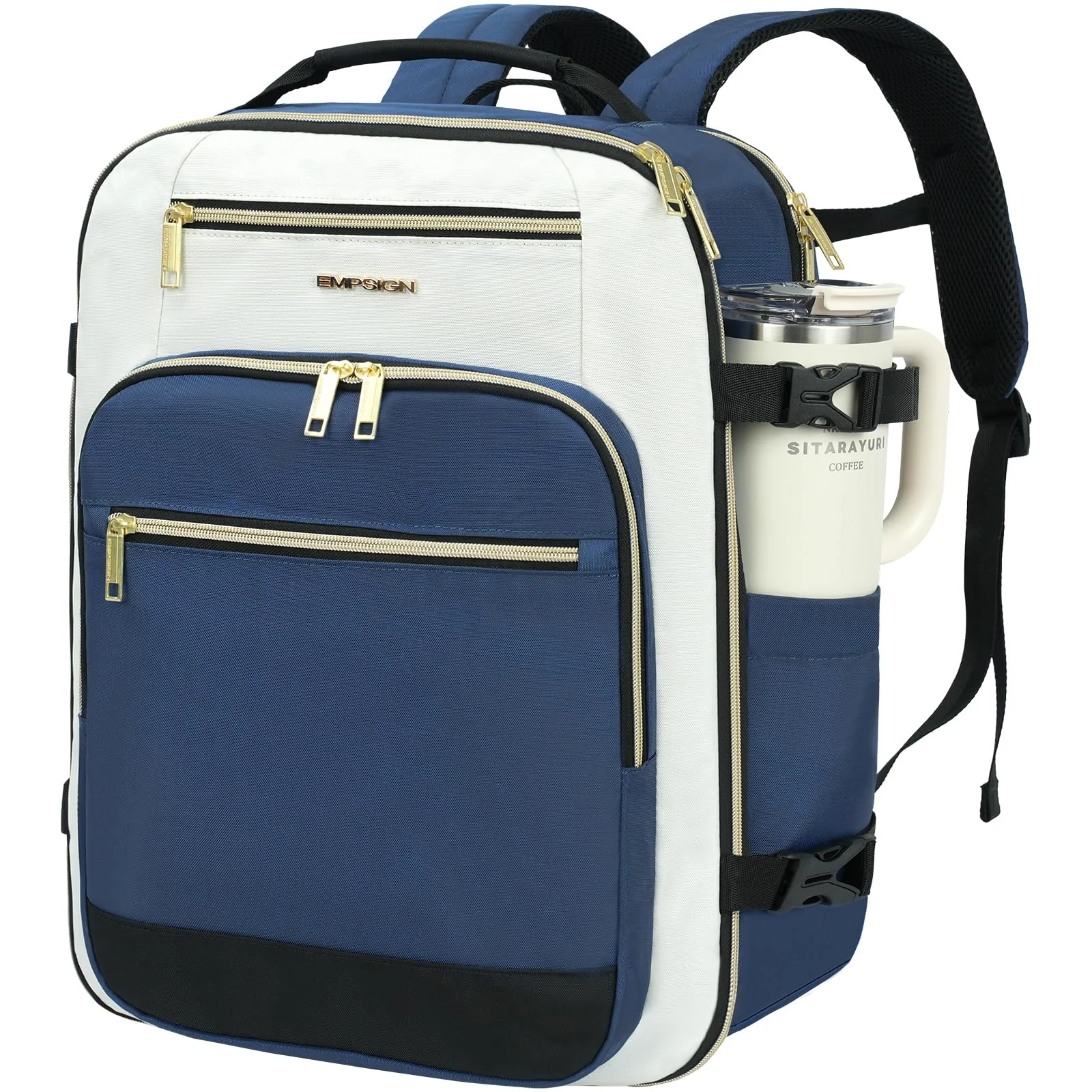 EMPSIGN 40L Reiserucksack Damen, Laptop-Rucksack 17,3 Zoll Handgepäck | Wasserdicht Elegant Rucksack für Uni Büro, Reiserucksack Cabin Bag, Ryanair, Eurowings, Wizz Air, Beige Blau Schwarz